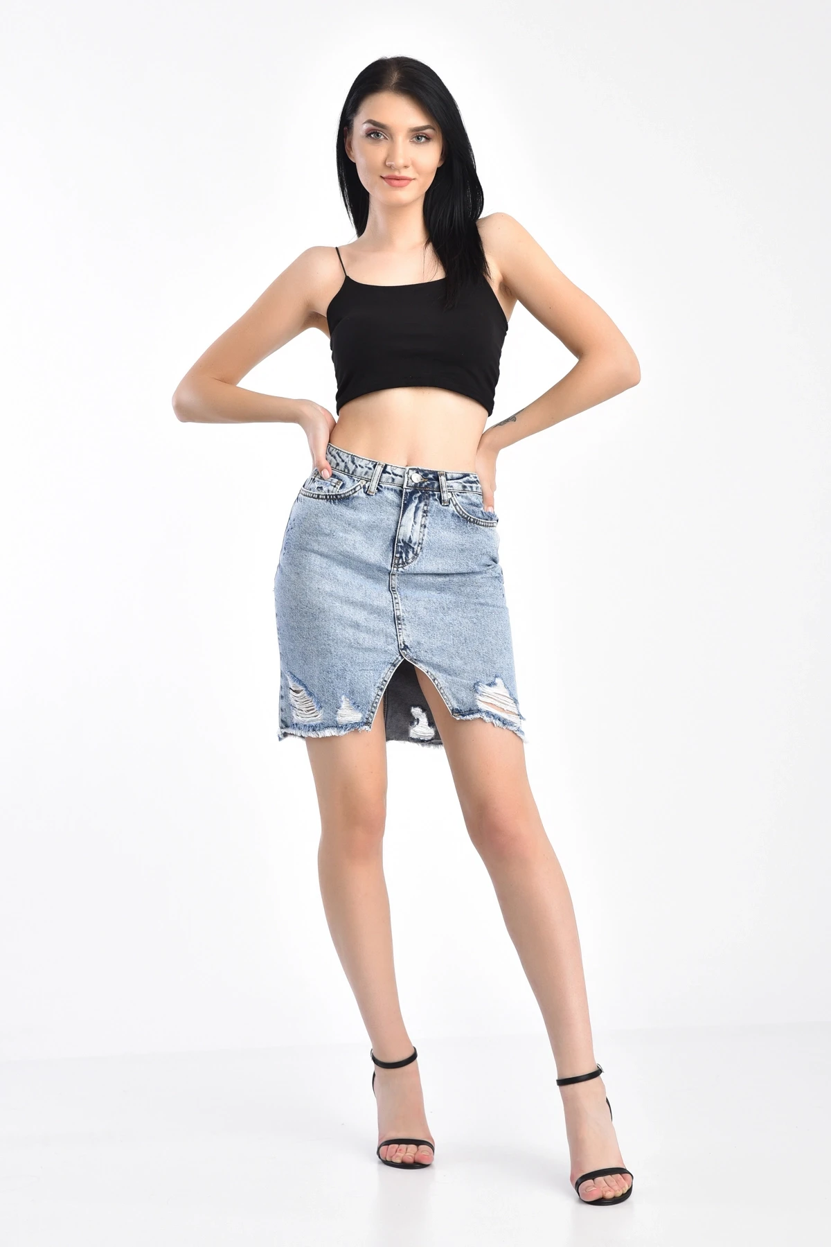 Açık Mavi Lazerli Yırtıklı Kar Yıkama Kot Etek