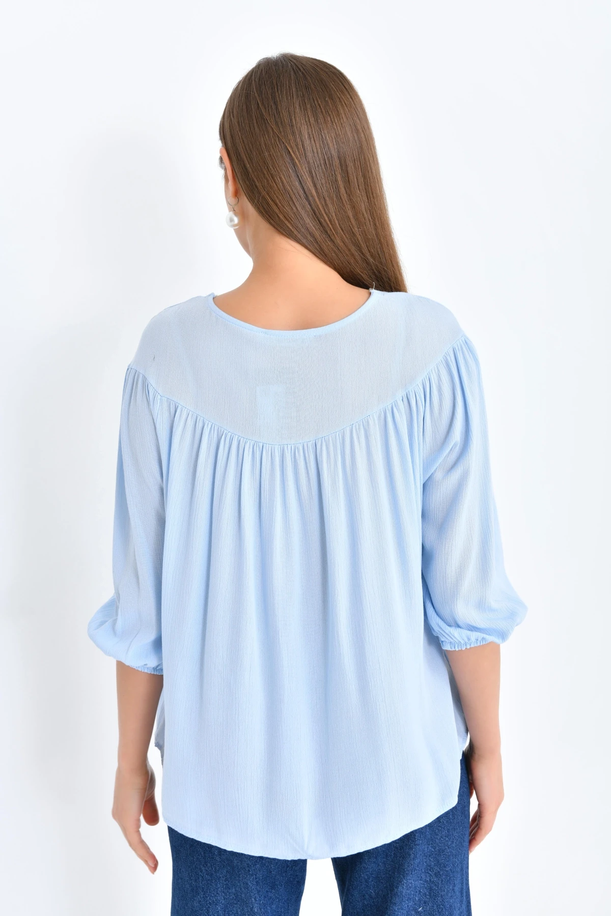 Kadın Bağlama Detay Nakışlı Salaş Bluz