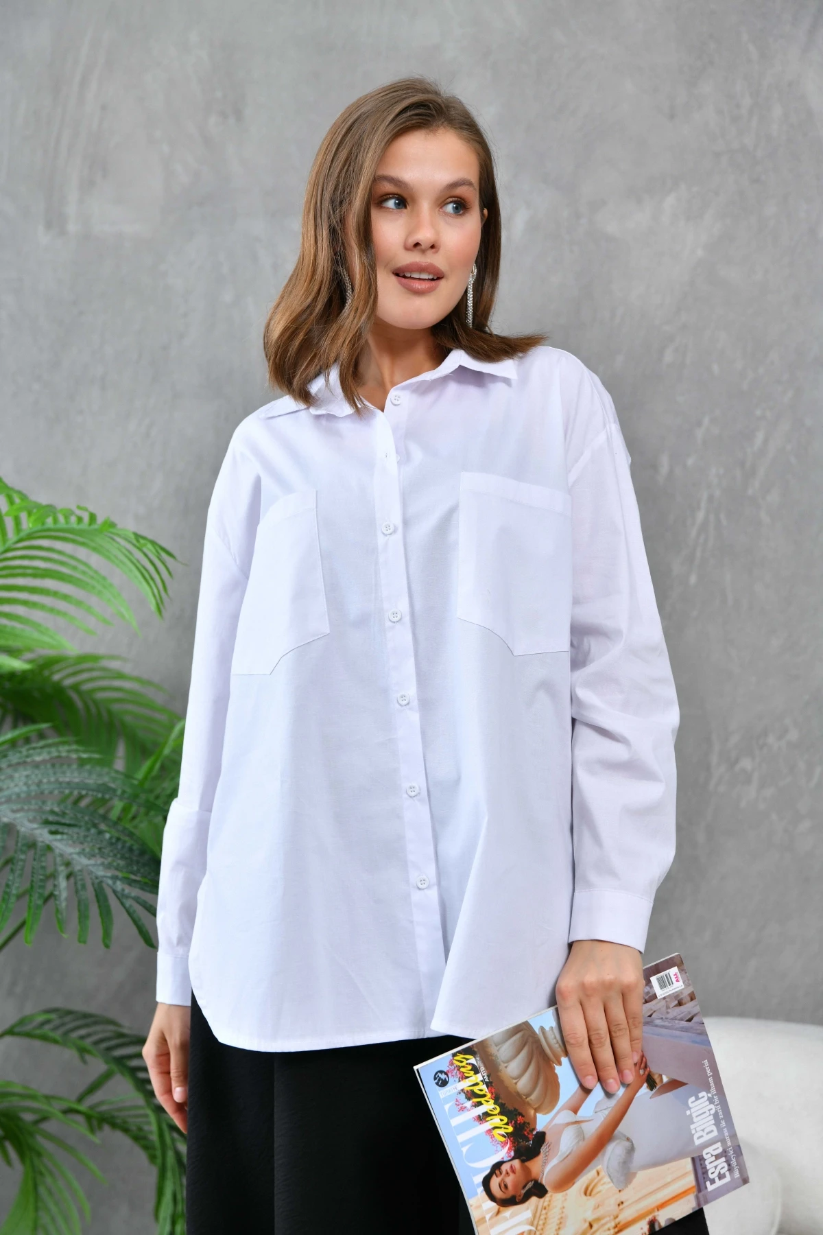 Kadın Beyaz Cep Detay Oversize Uzun Poplin Gömlek