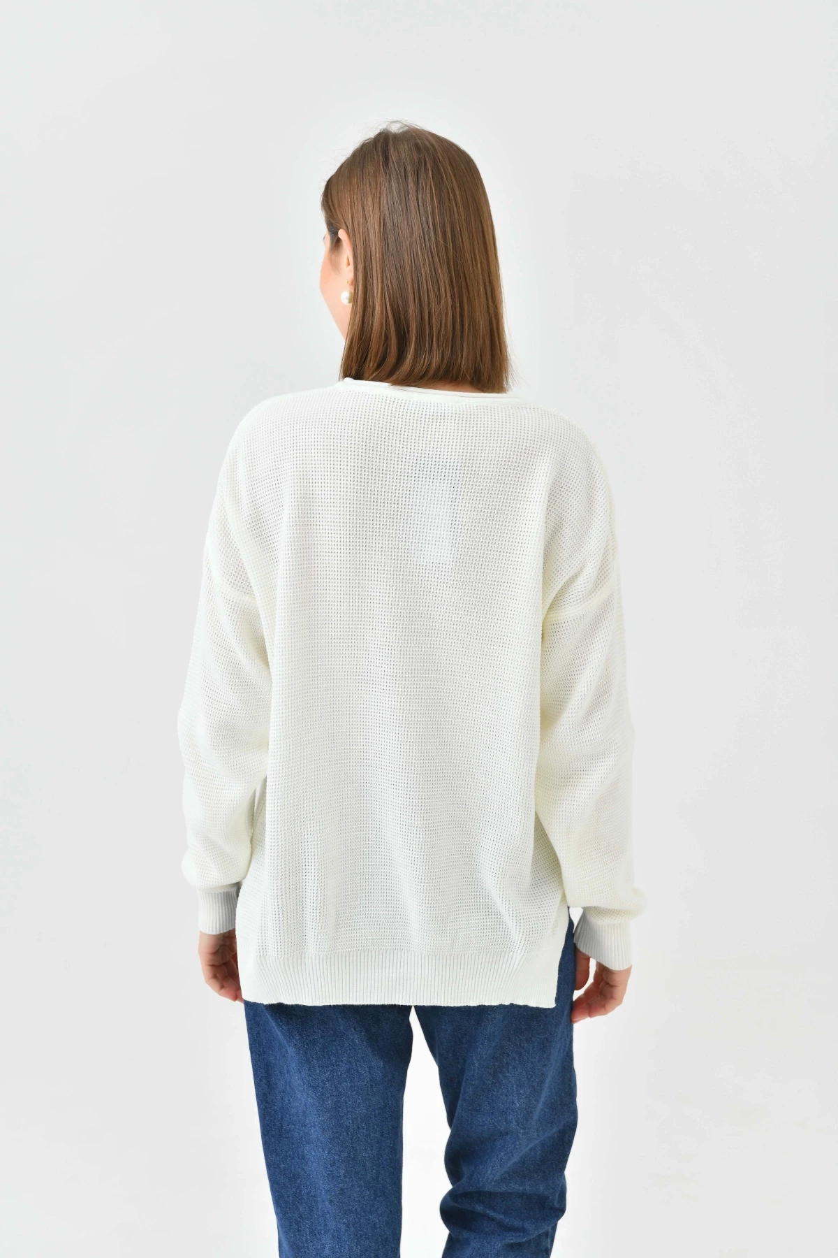 Bisiklet Yaka Arkası Uzun Yırtmaçlı Mevsimlik Triko Kazak