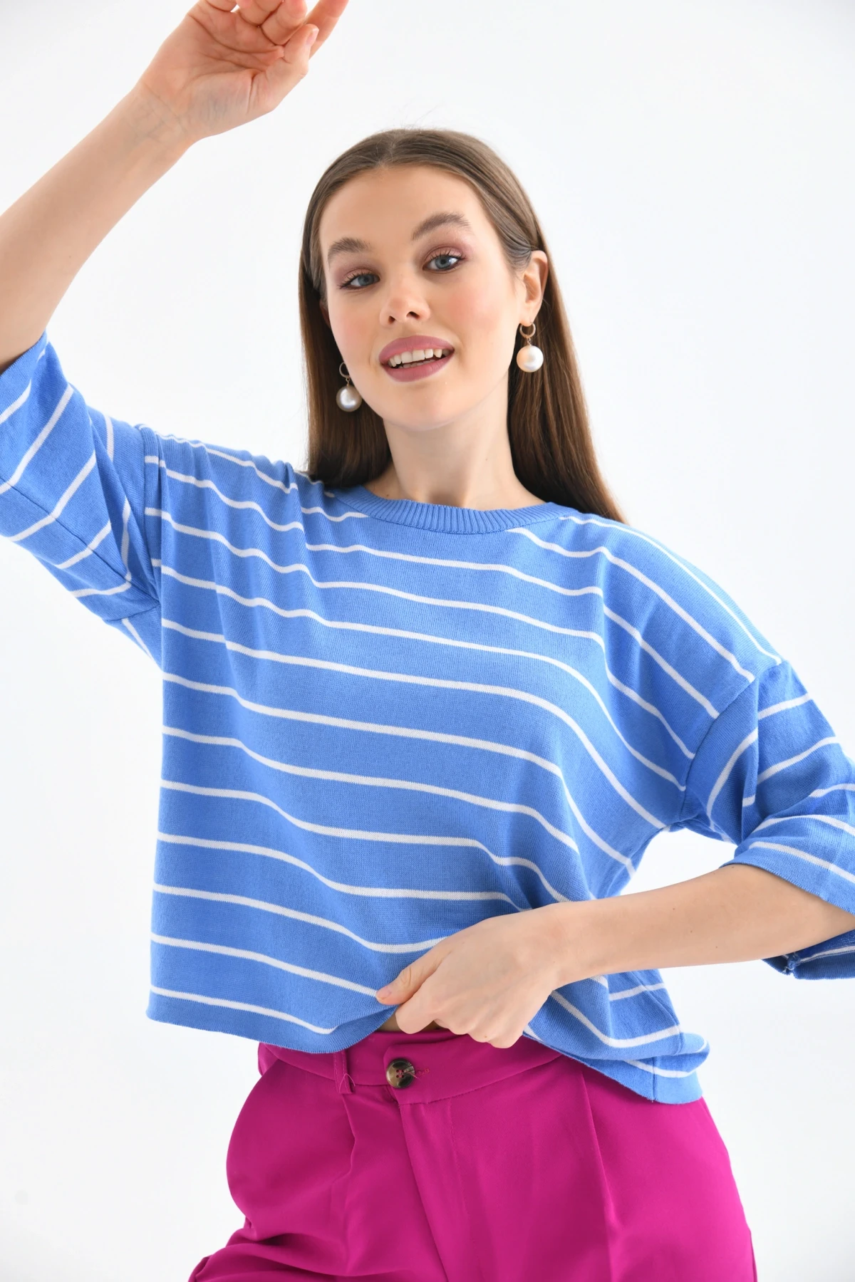 Bisiklet Yaka Çizgili Mevsimlik Kısa Triko Kazak