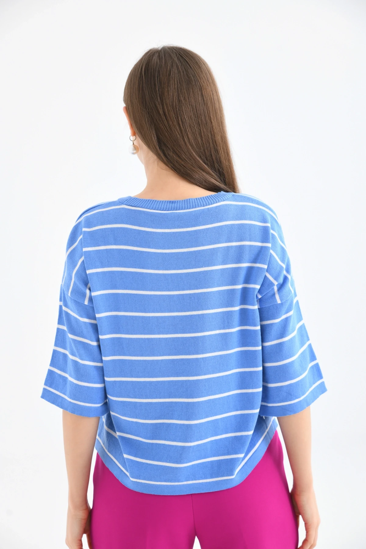 Bisiklet Yaka Çizgili Mevsimlik Kısa Triko Kazak