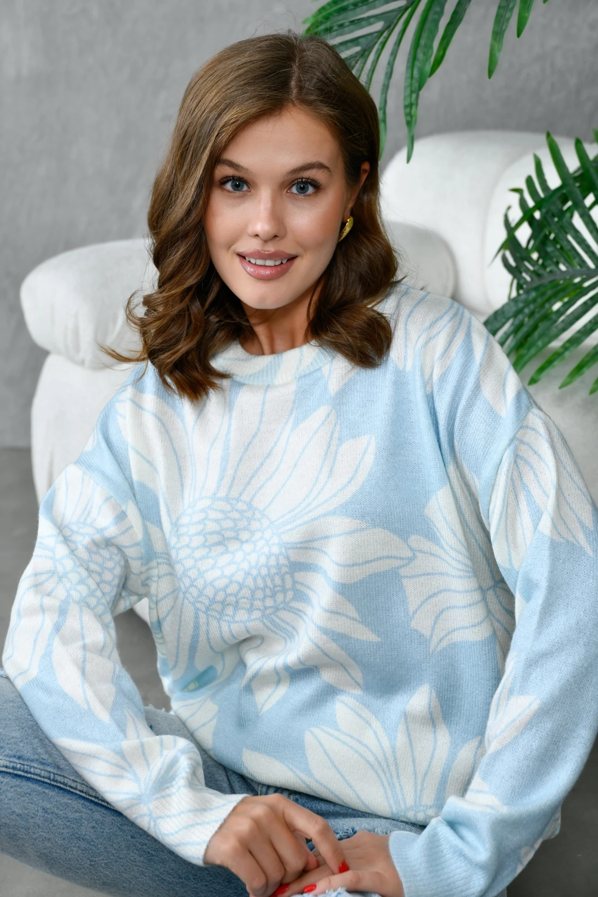 Kadın Bisiklet Yaka Desenli Triko Kazak