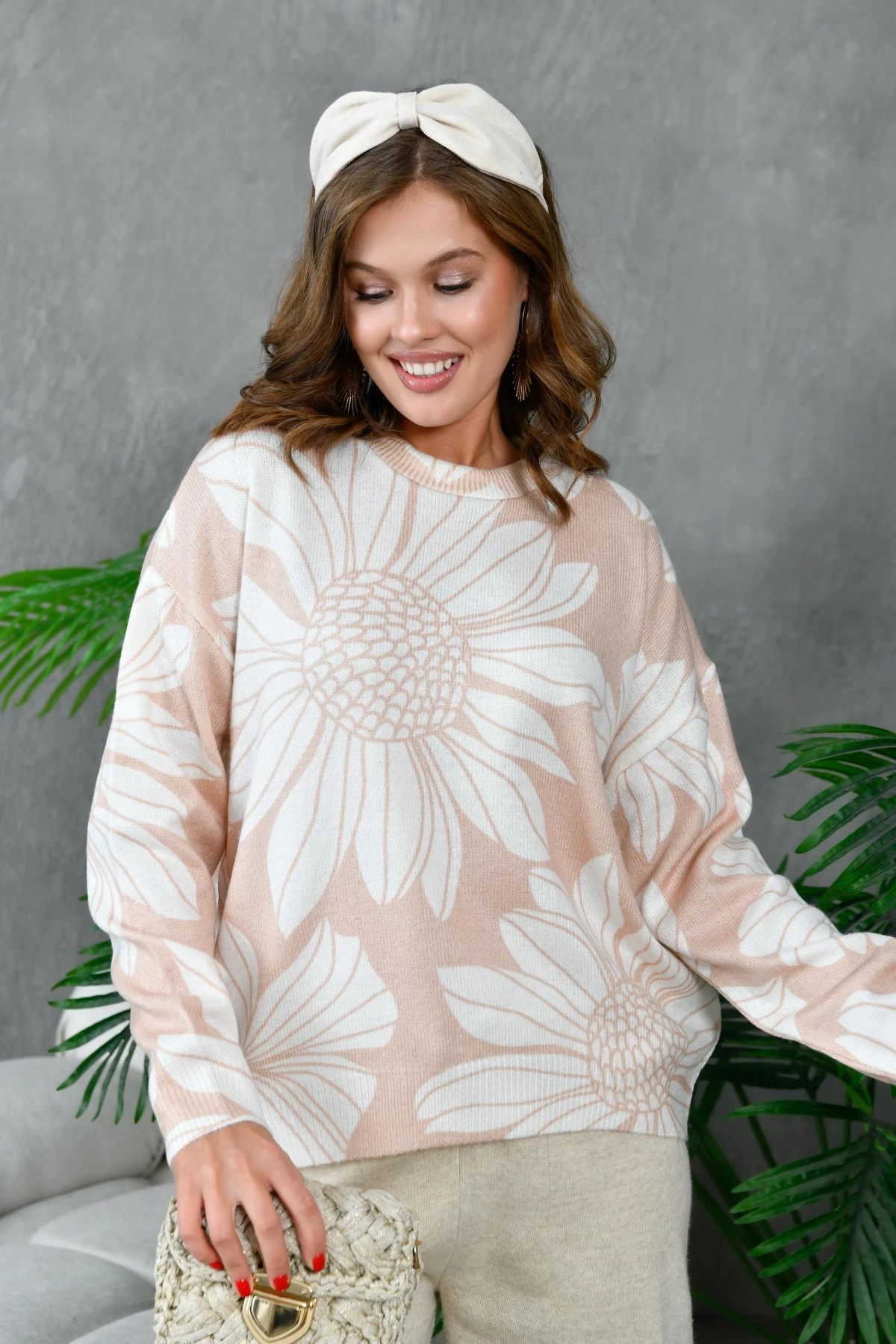 Kadın Bisiklet Yaka Desenli Triko Kazak