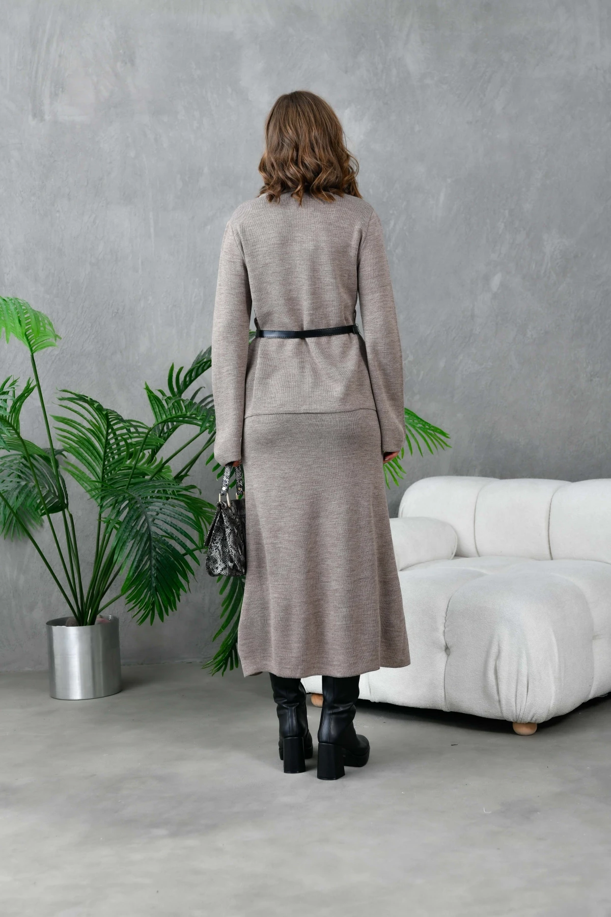 Kadın Bisiklet Yaka Etek Kazak İkili Triko Kakım