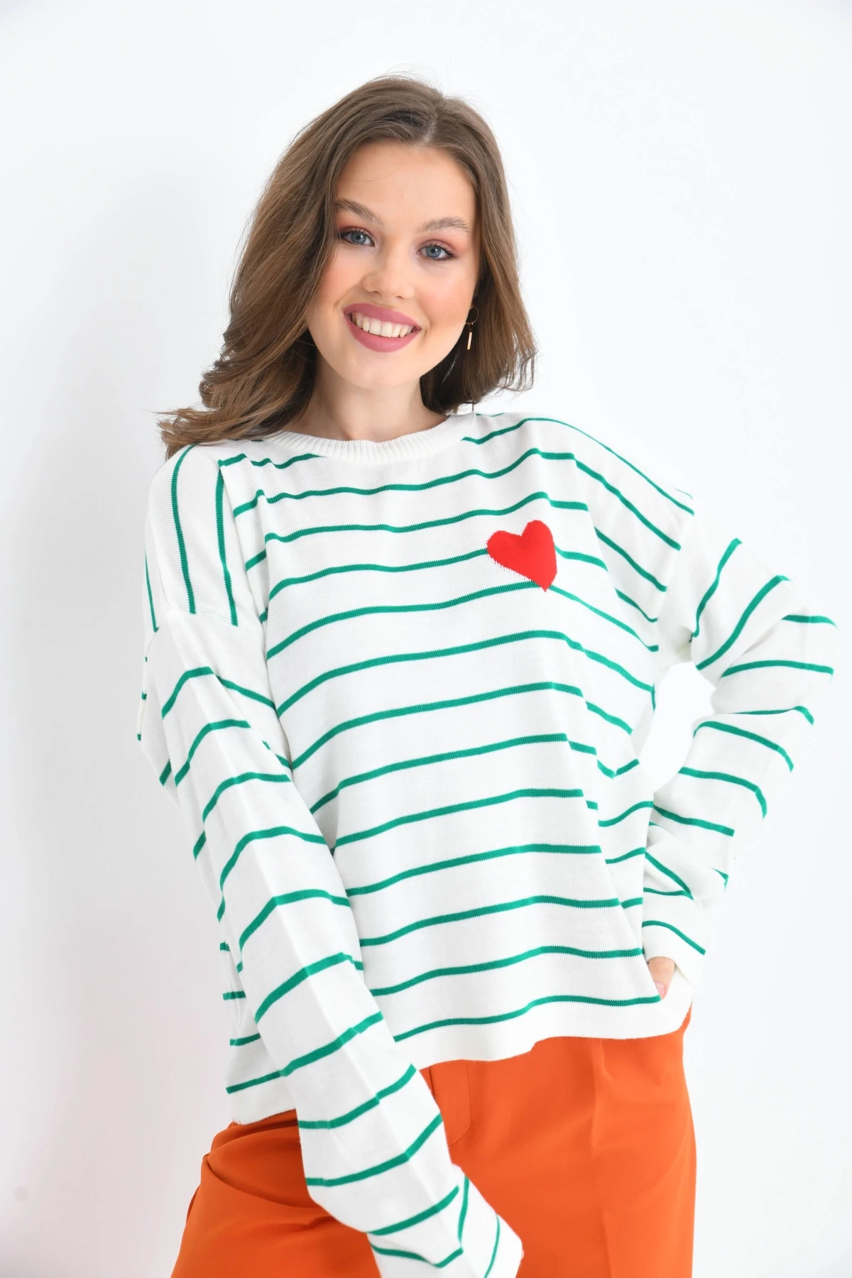 Bisiklet Yaka Salaş Çizgil Mevsimlik Triko Kazak