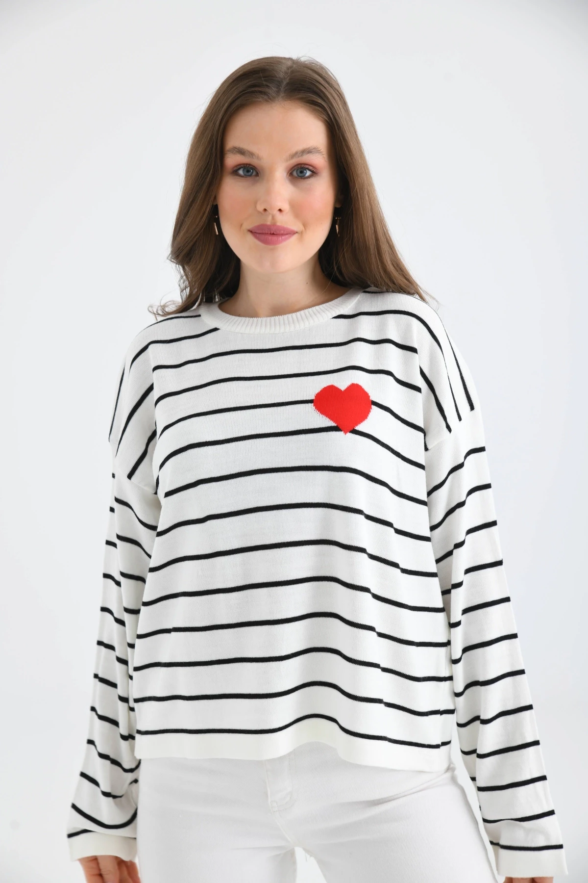 Bisiklet Yaka Salaş Çizgil Mevsimlik Triko Kazak