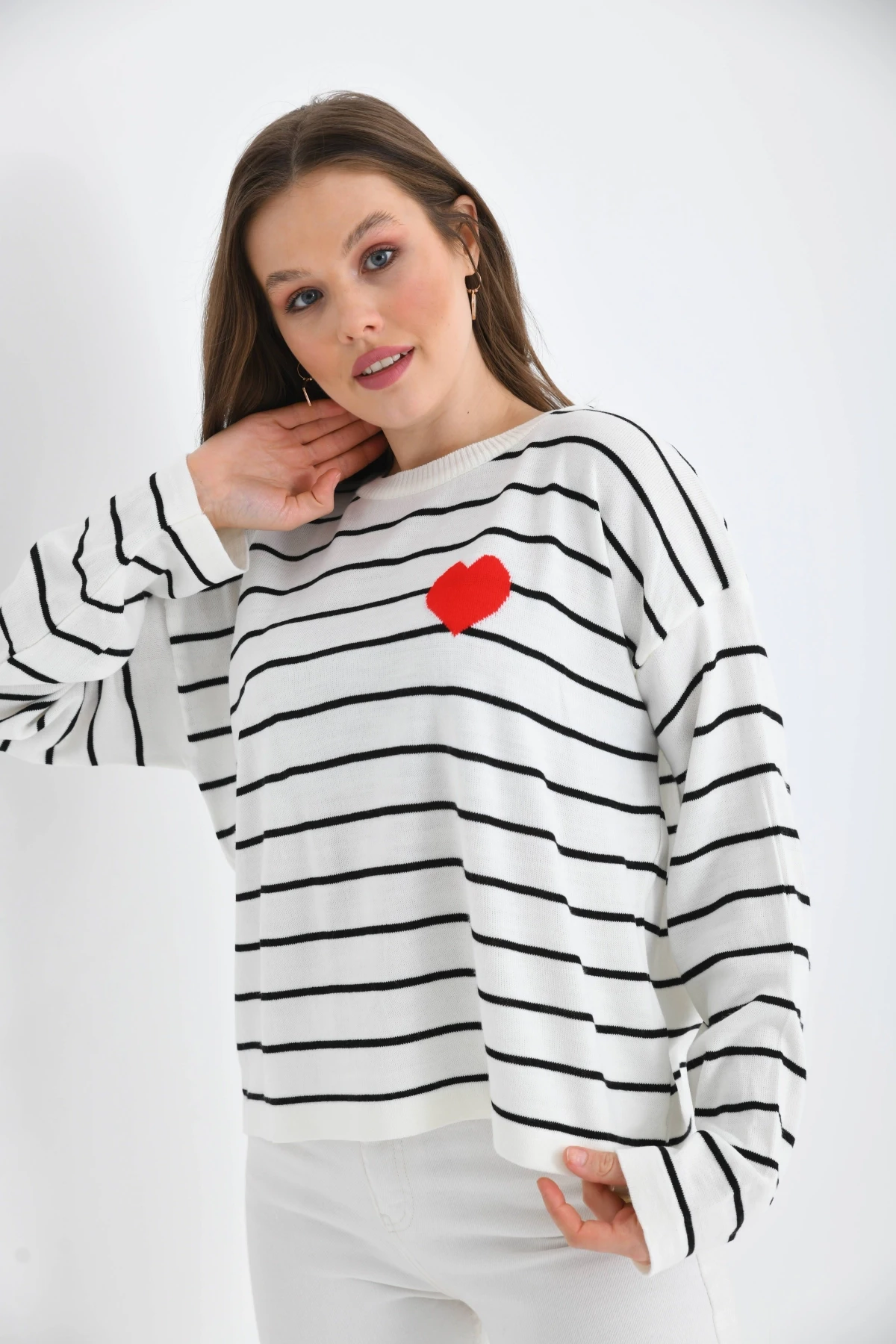 Bisiklet Yaka Salaş Çizgil Mevsimlik Triko Kazak