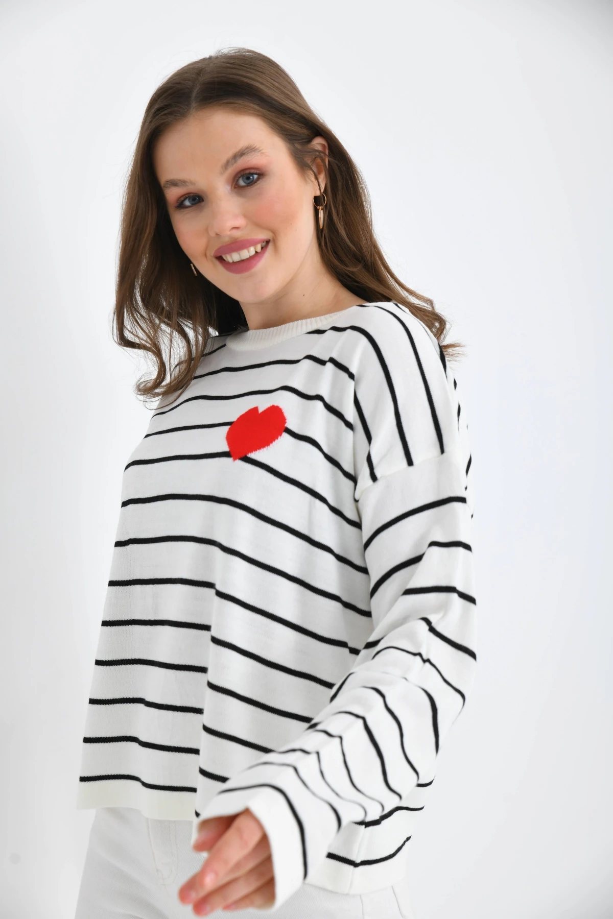 Bisiklet Yaka Salaş Çizgil Mevsimlik Triko Kazak