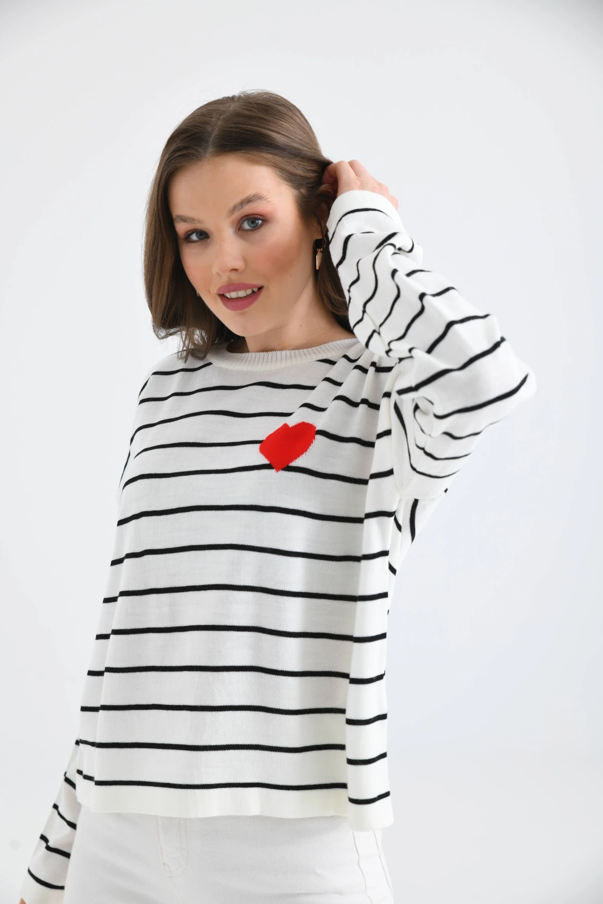 Bisiklet Yaka Salaş Çizgil Mevsimlik Triko Kazak