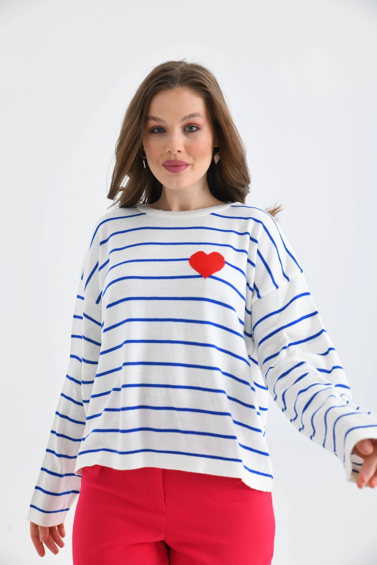 Bisiklet Yaka Salaş Çizgil Mevsimlik Triko Kazak