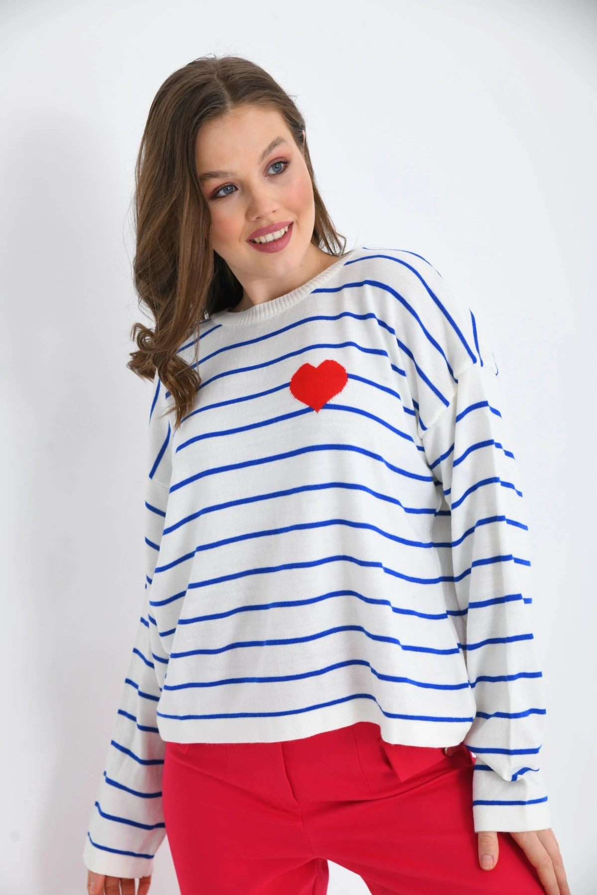 Bisiklet Yaka Salaş Çizgil Mevsimlik Triko Kazak