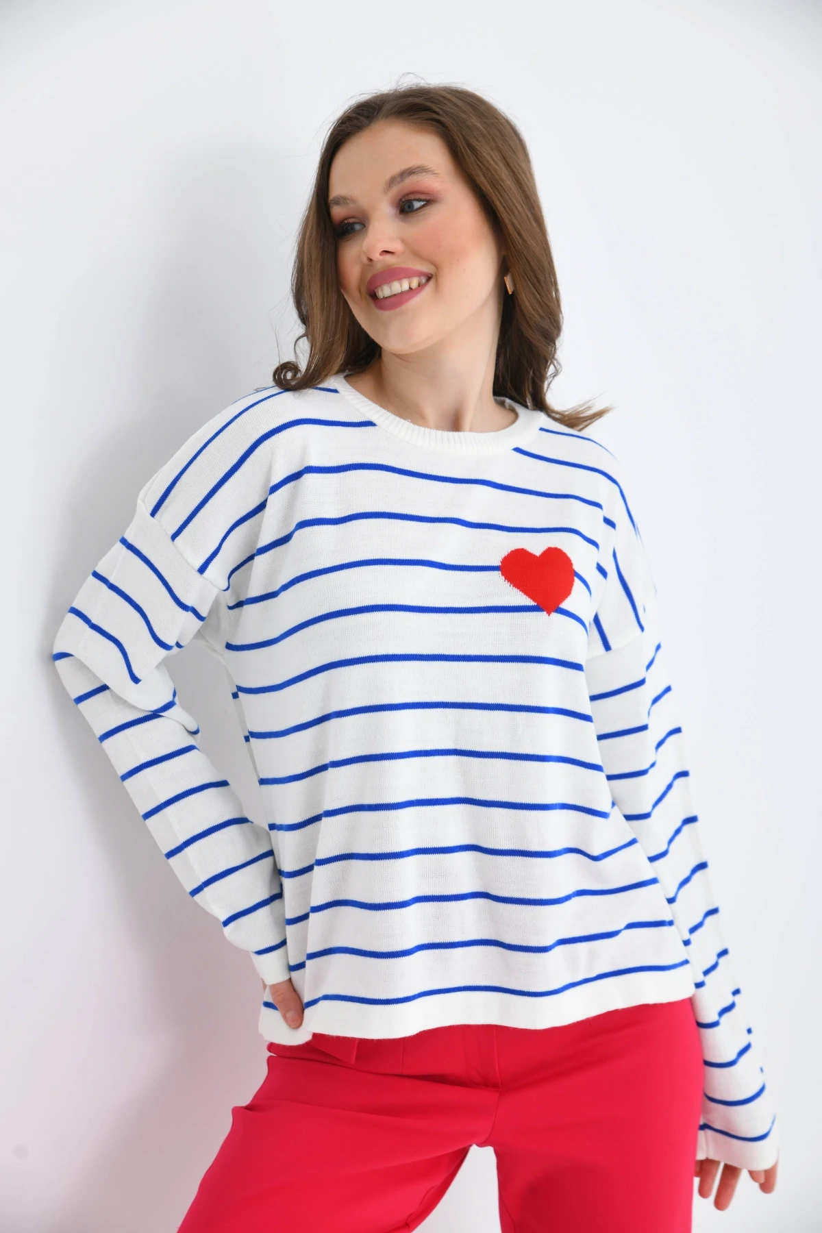 Bisiklet Yaka Salaş Çizgil Mevsimlik Triko Kazak