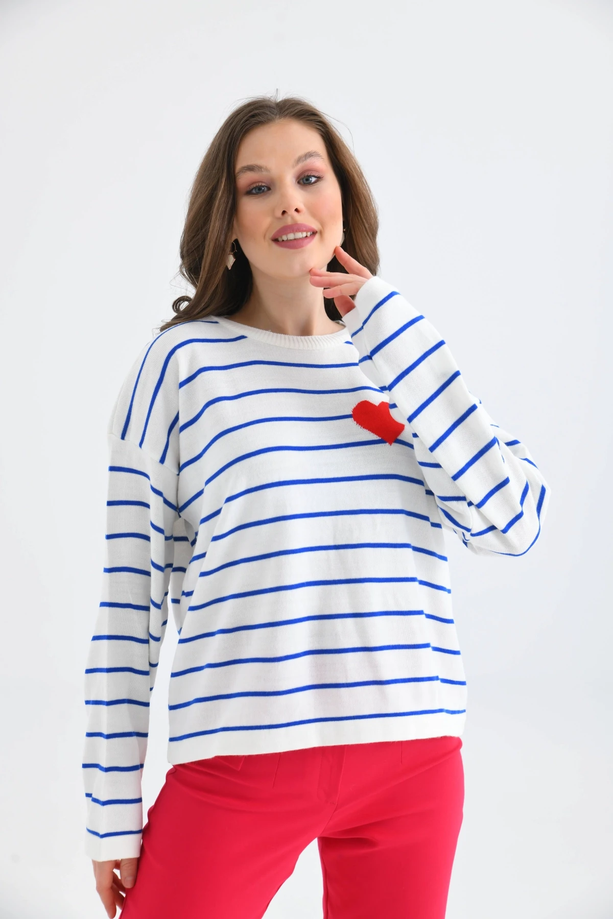 Bisiklet Yaka Salaş Çizgil Mevsimlik Triko Kazak