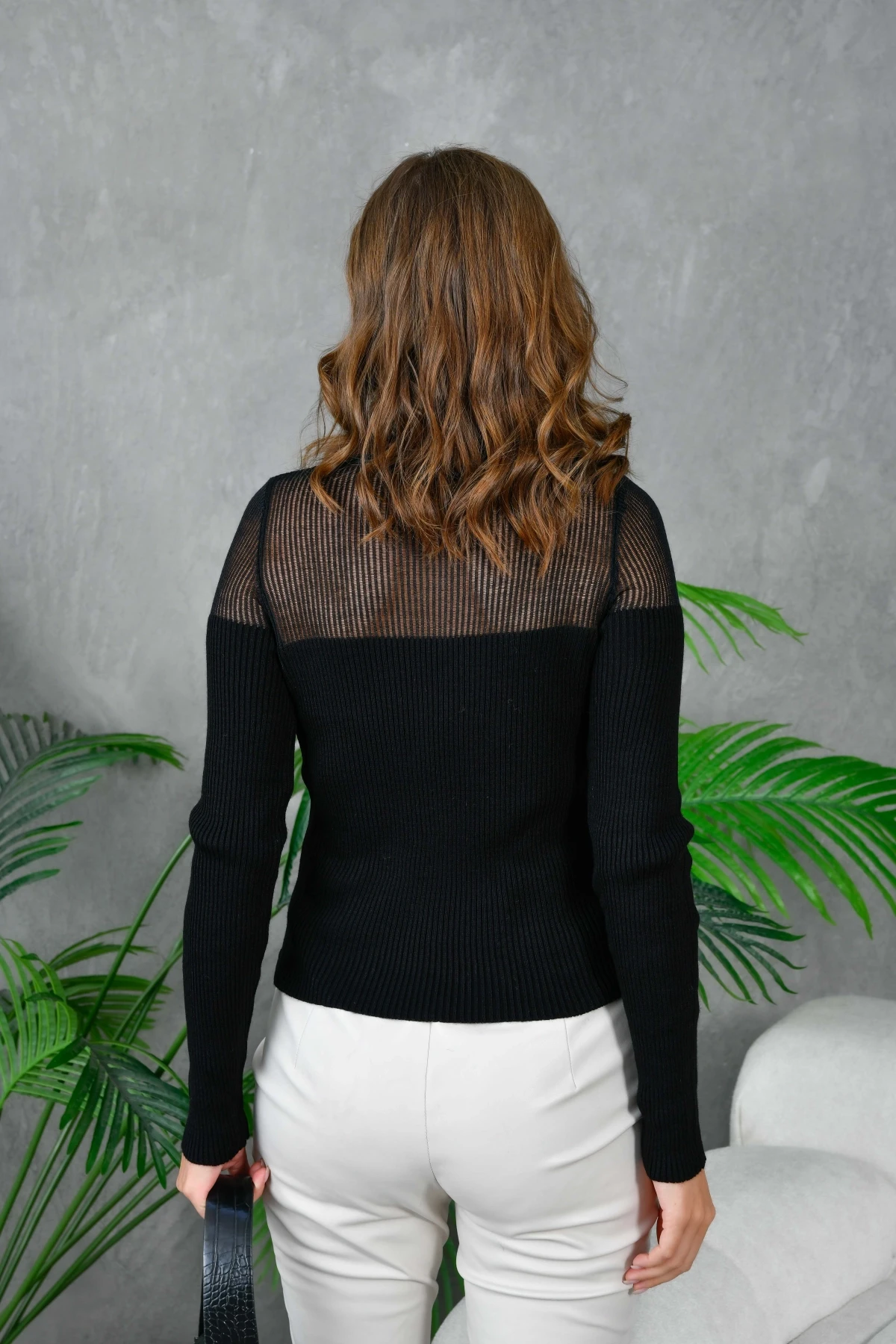 Kadın Bisiklet Yaka Transparan Detay Triko Kazak