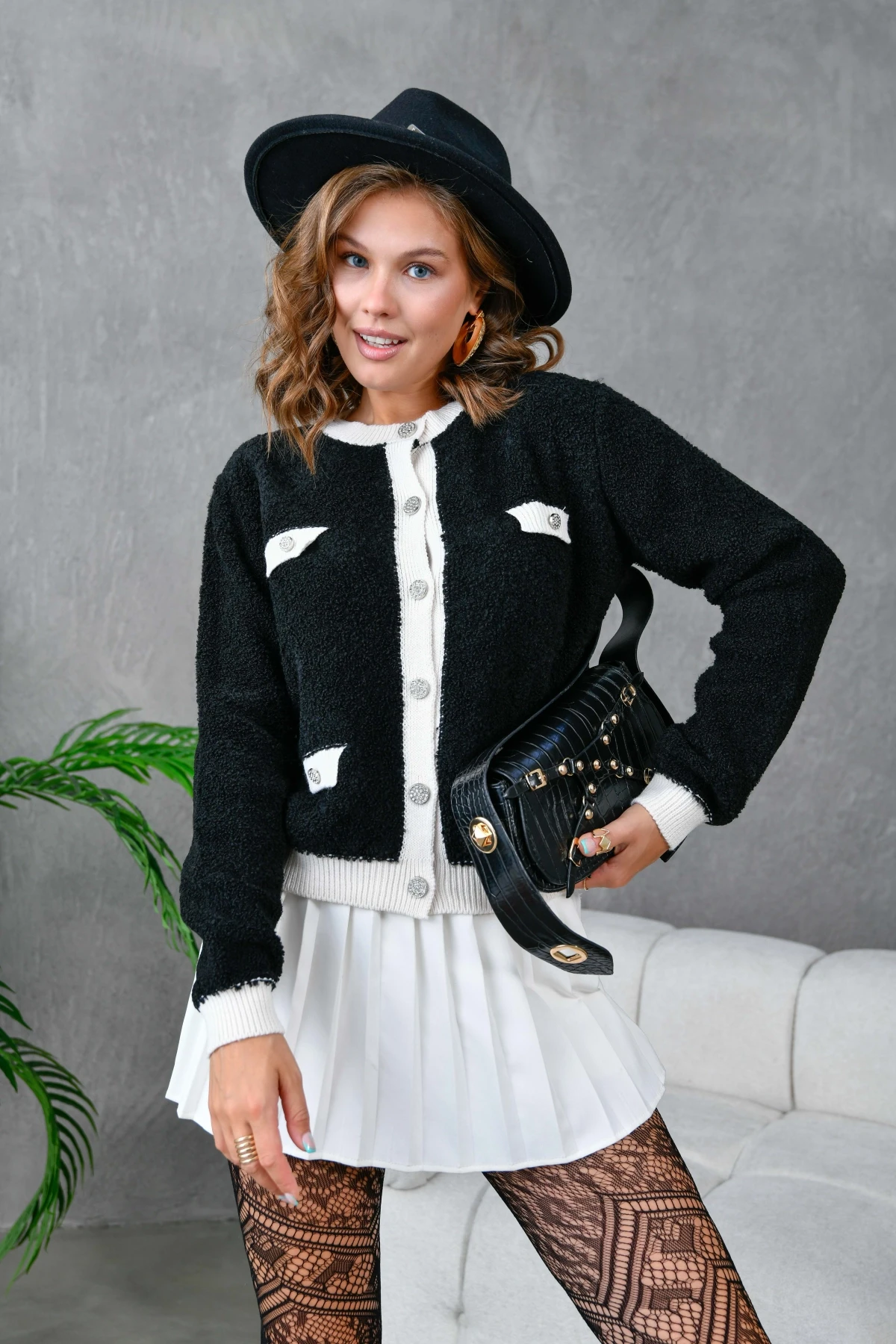 Kadın Düğme Detay Bürümcük Triko Hırka