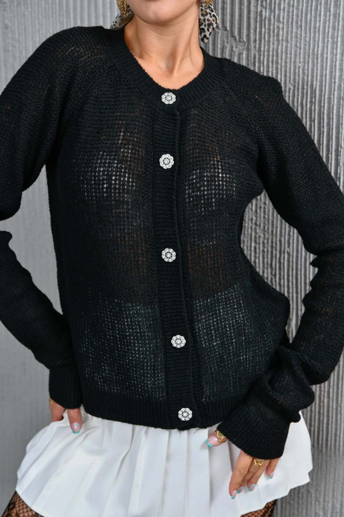 Kadın Düğme Detay Triko Hırka