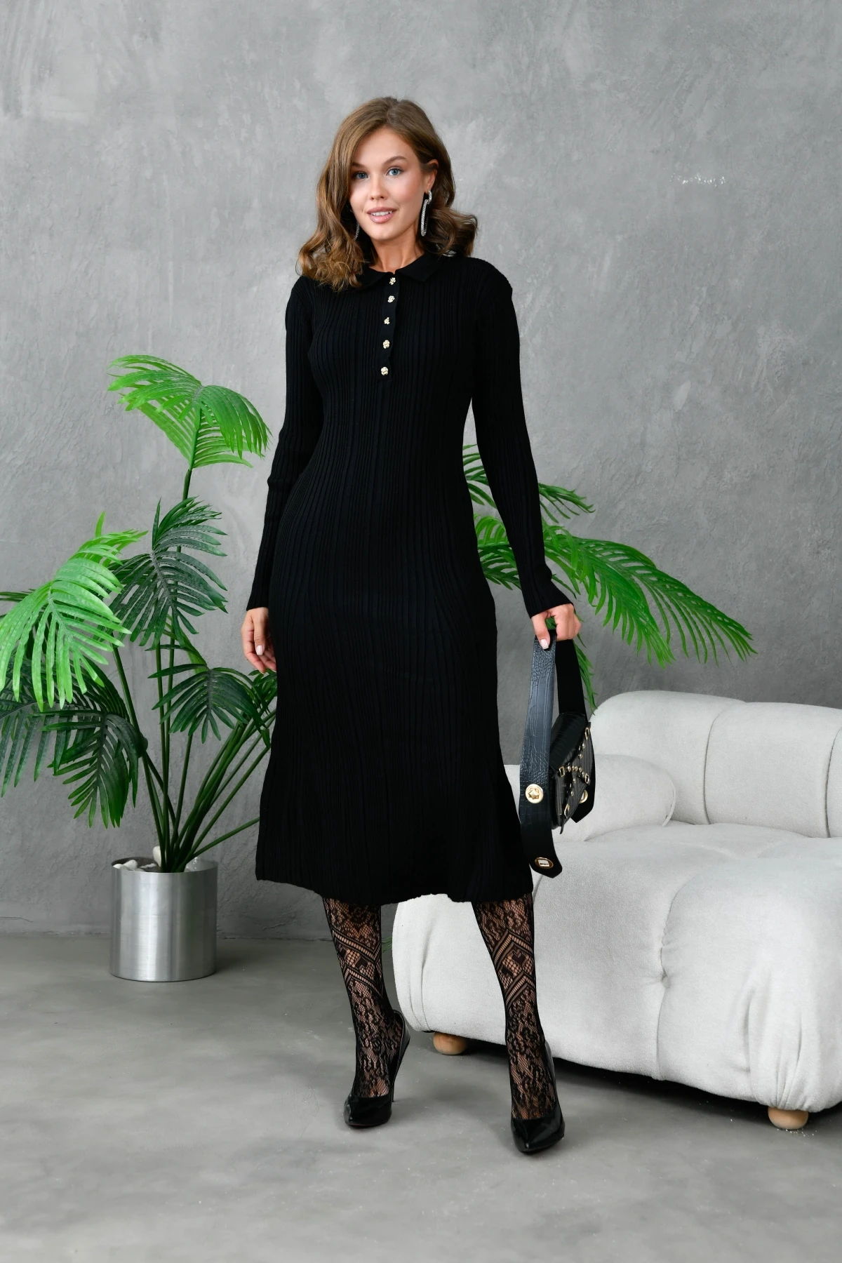 Kadın Düğme Detay Uzun Triko Elbise