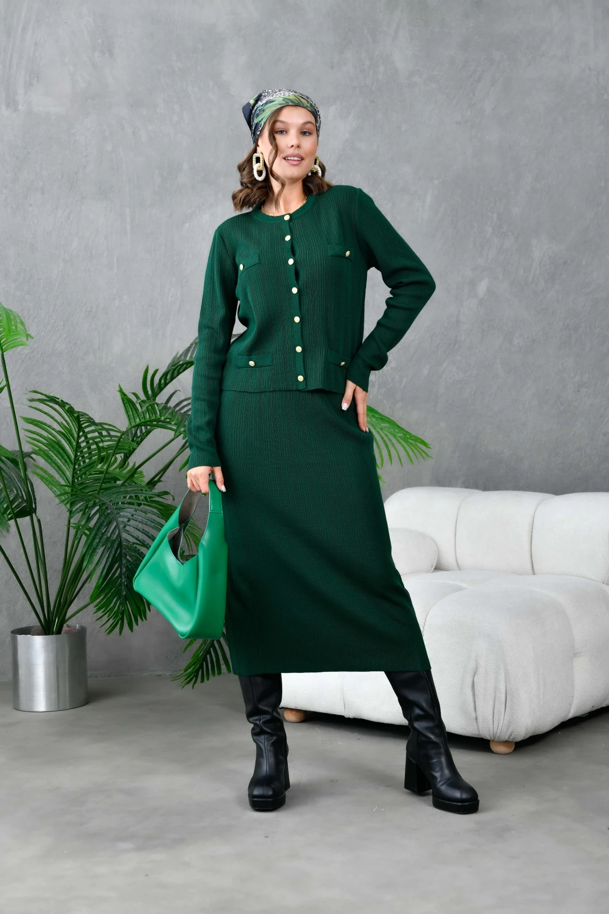 Kadın Düğme Detaylı Etek Kazak İkili Triko Takım