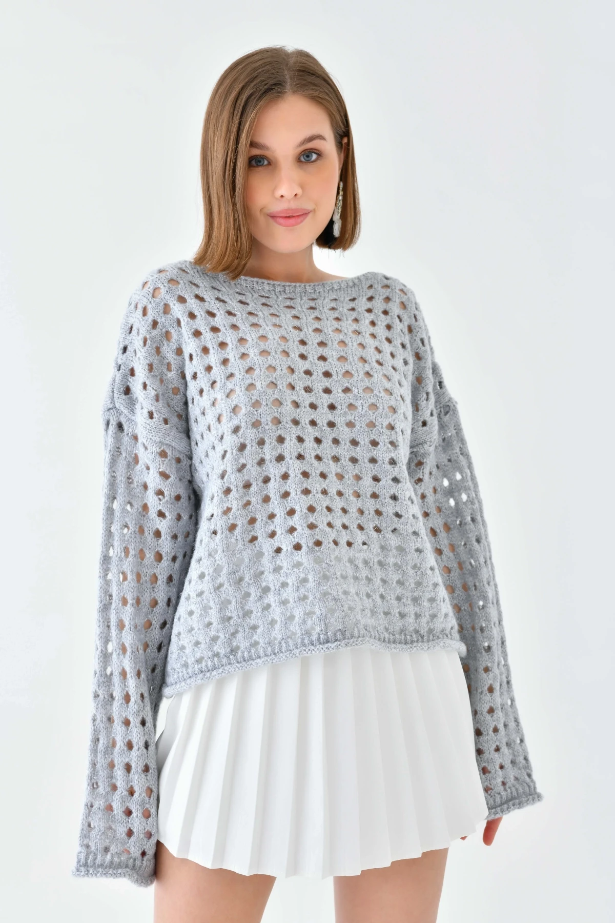 Simli Örgü Detaylı Oversize Bisiklet Yaka Triko Kazak