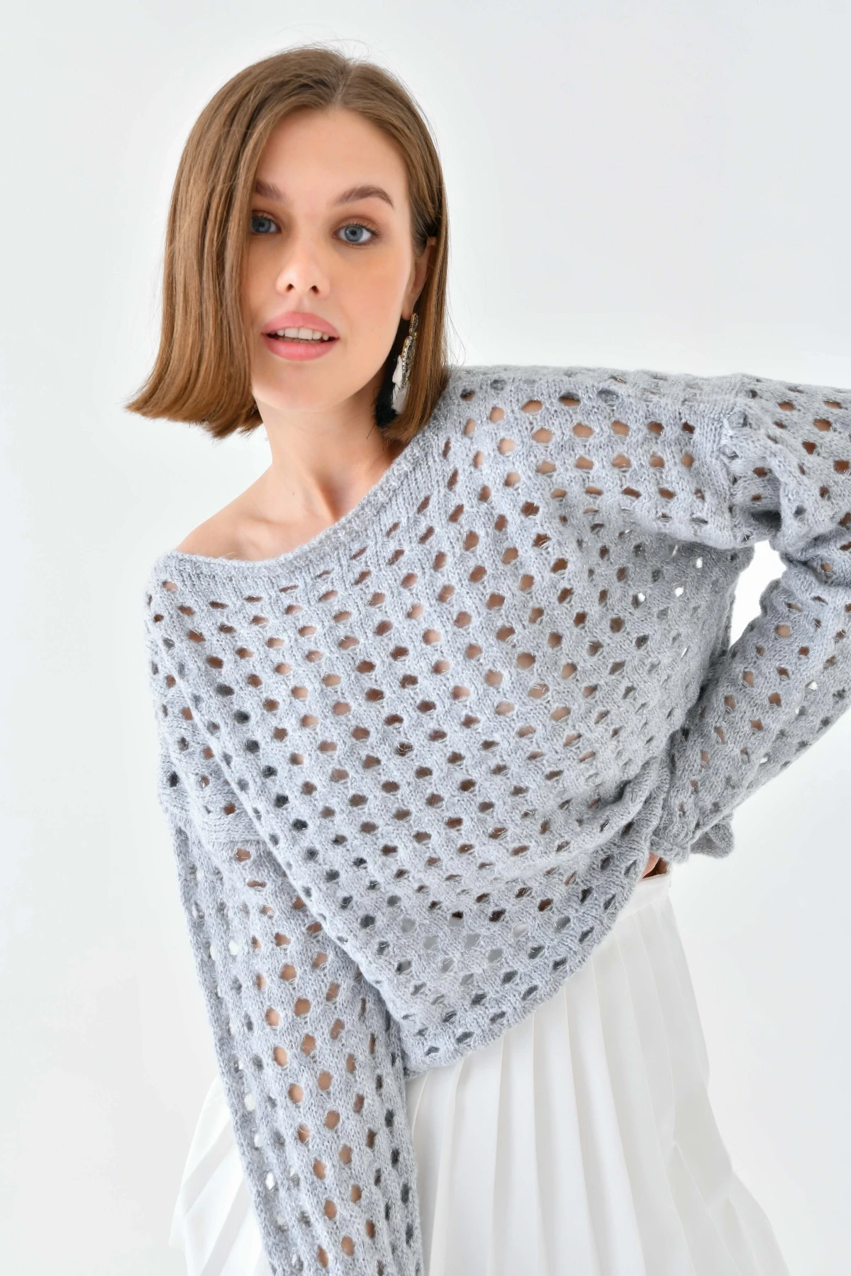 Simli Örgü Detaylı Oversize Bisiklet Yaka Triko Kazak