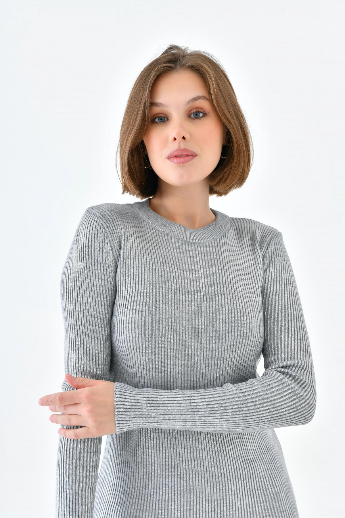 Slim Fit Bisiklet Yaka Varaklı Triko Elbise