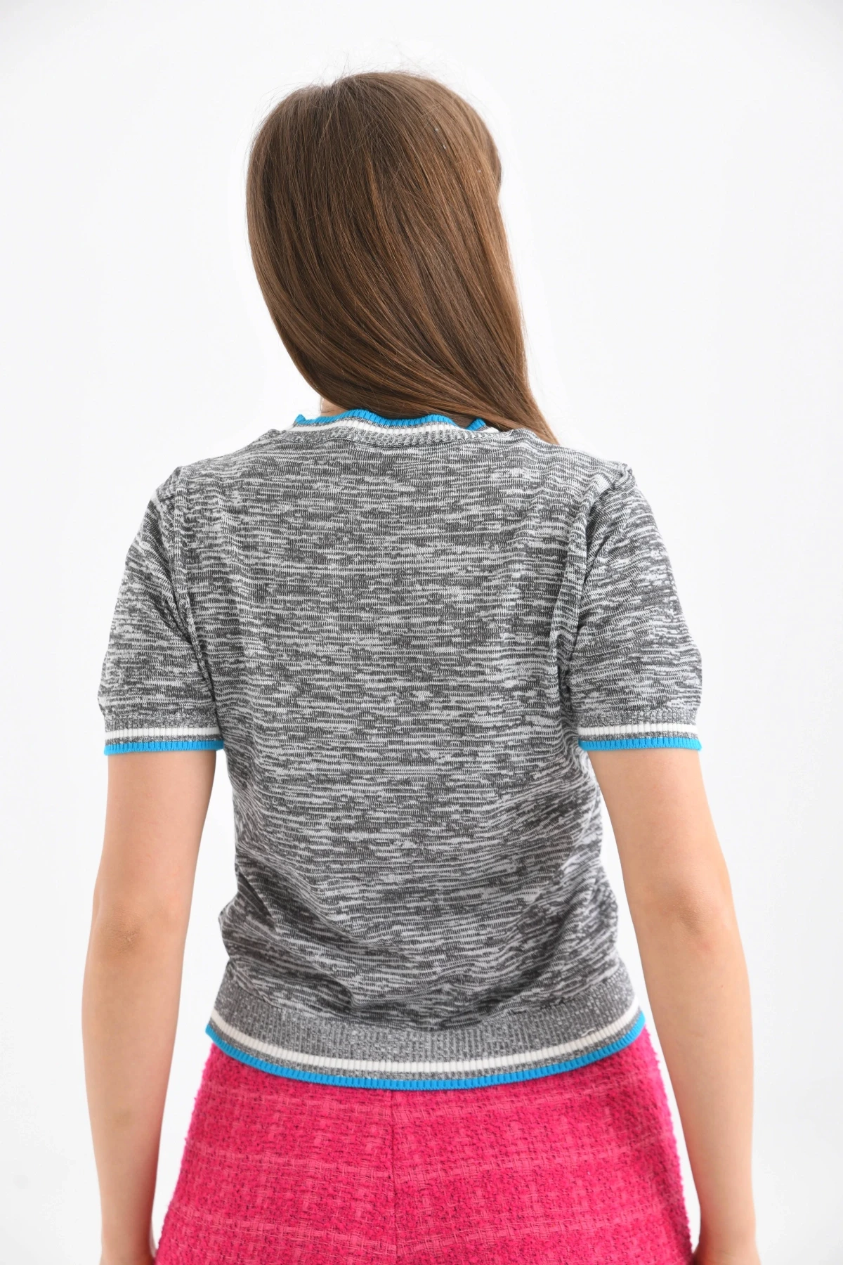 Gri-Turkuaz Kalp Desenli Kısa Kol Mevsimlik Kazak