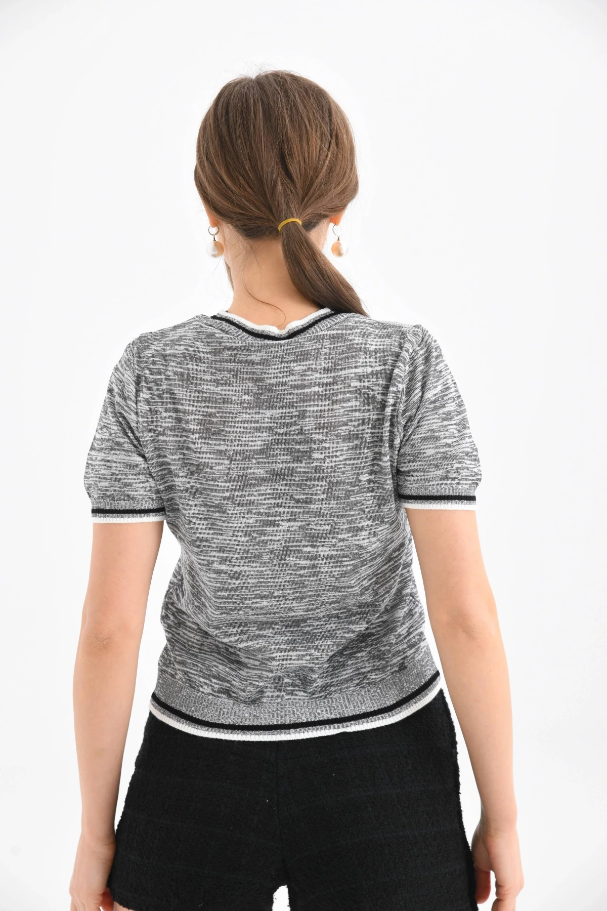 Gri-Turkuaz Kalp Desenli Kısa Kol Mevsimlik Kazak