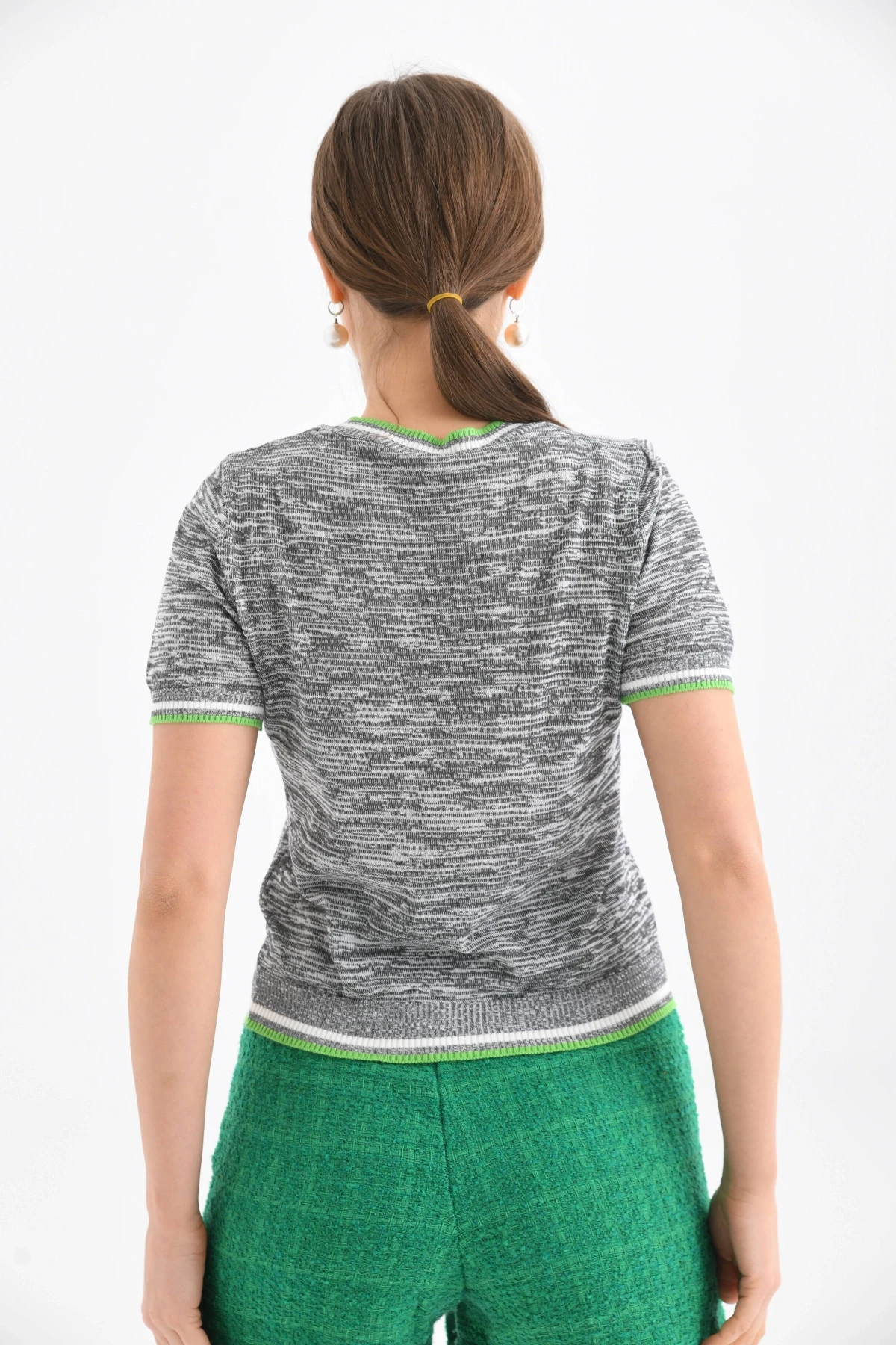 Gri-Turkuaz Kalp Desenli Kısa Kol Mevsimlik Kazak