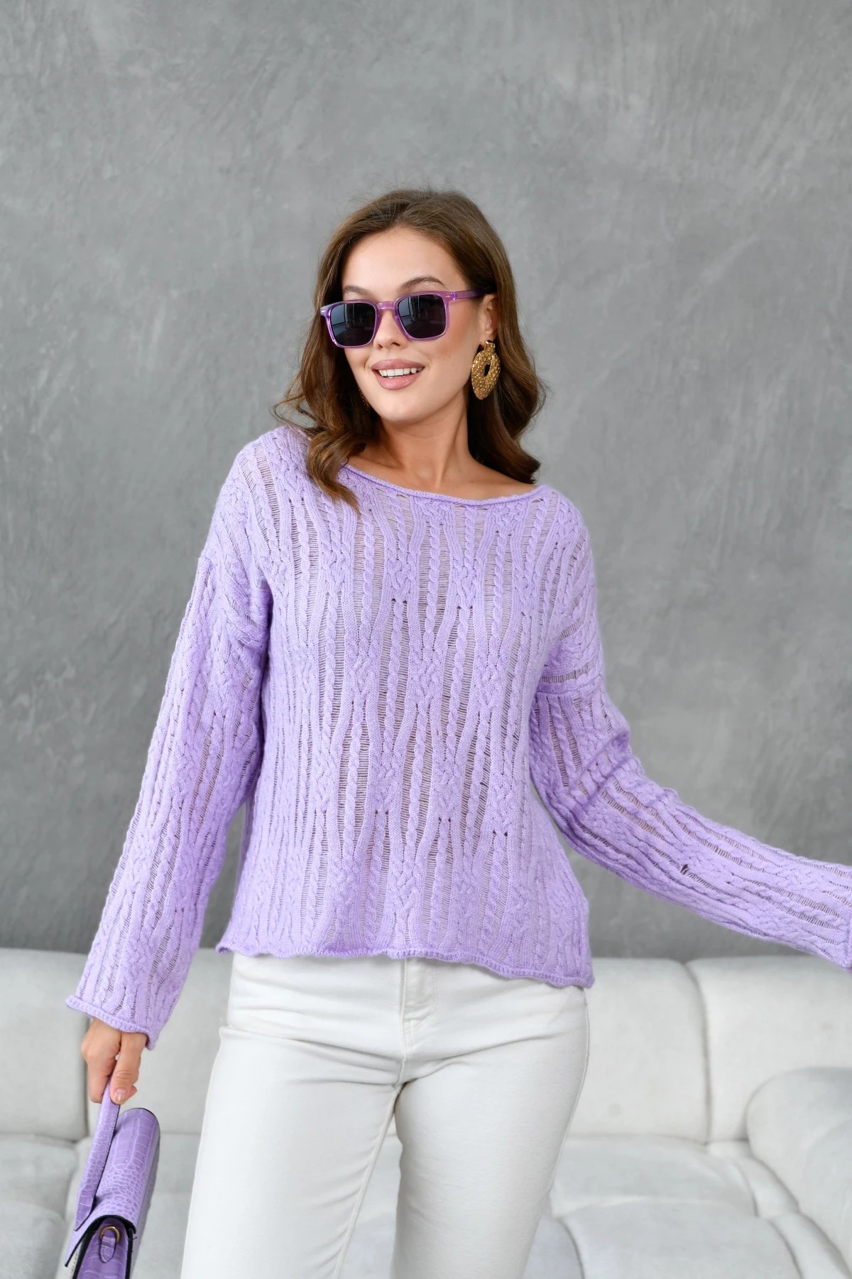 Kadın Kayık Yaka Dokulu Triko Kazak