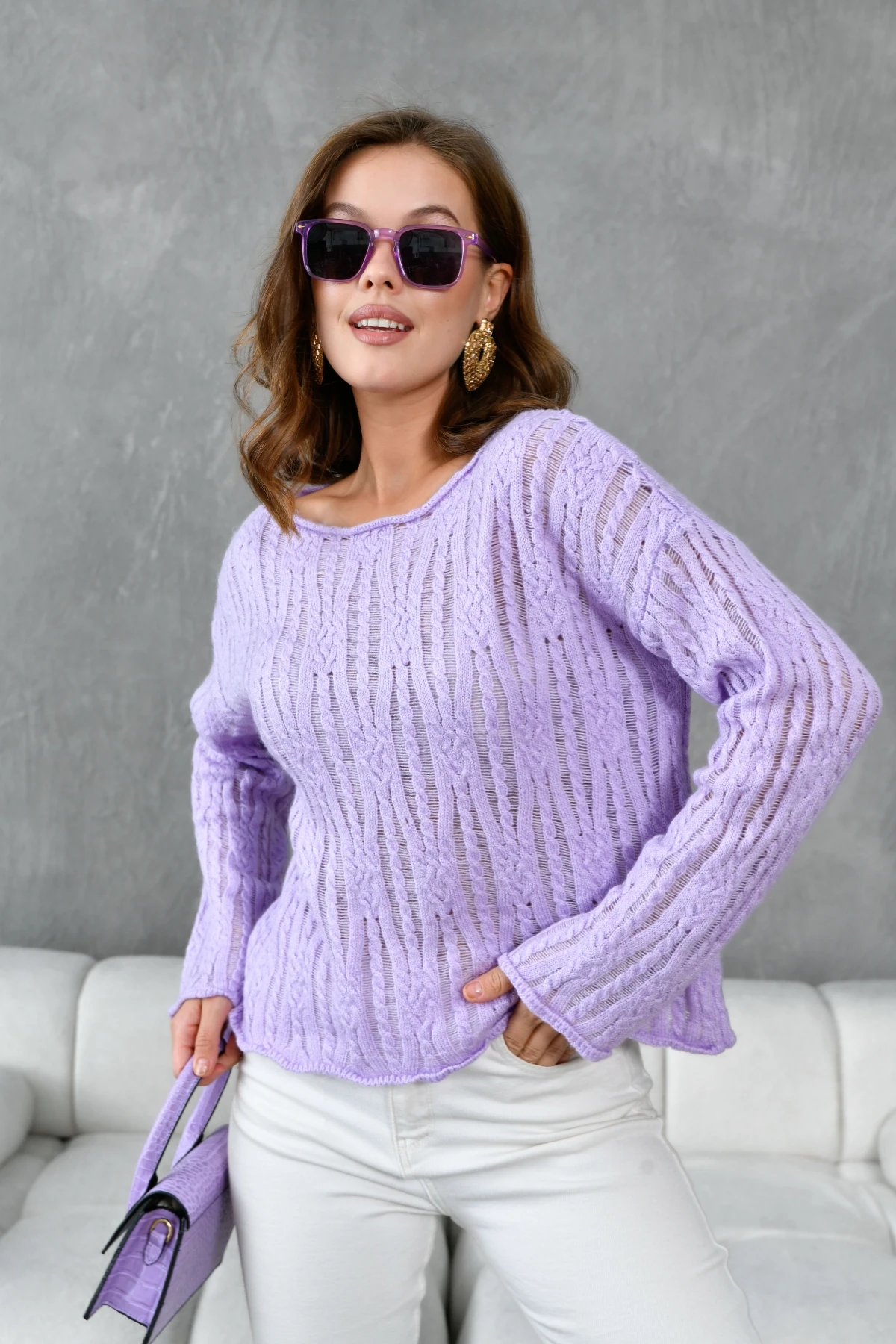 Kadın Kayık Yaka Dokulu Triko Kazak