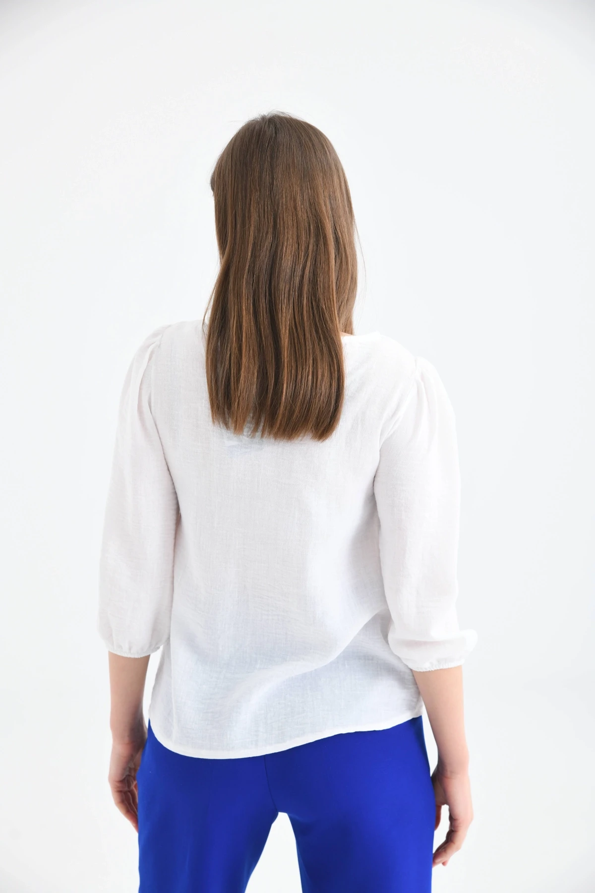 Kadın Kemik Bisiklet Yaka Balon Kol Nakışlı Aerobin Dokuma Bluz