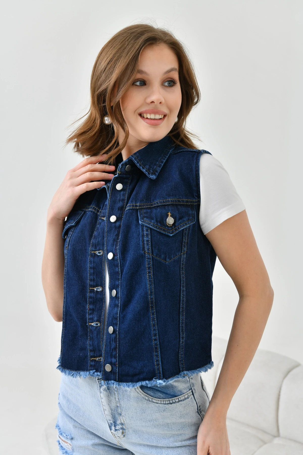 Kadın Koyu Mavi (Enzim) Düğme Detay Jean Yelek