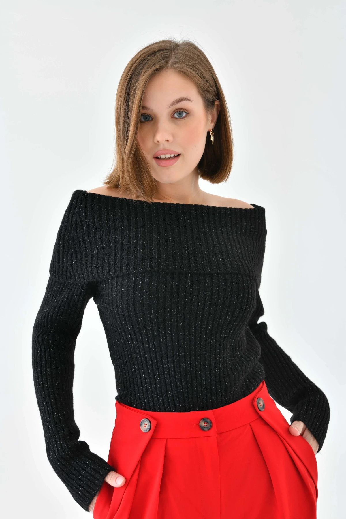 Kadın Madonna Yaka Slim Triko Kazak