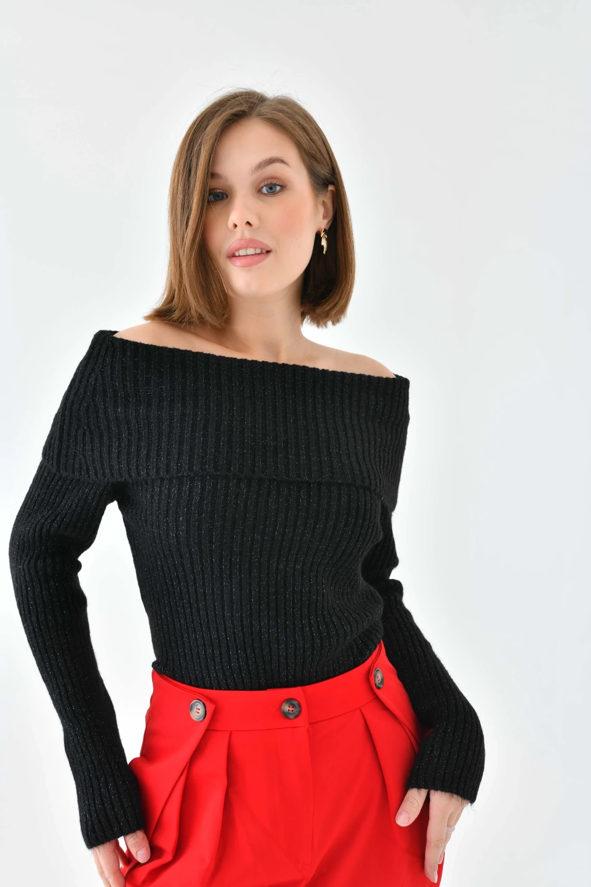 Kadın Madonna Yaka Slim Triko Kazak