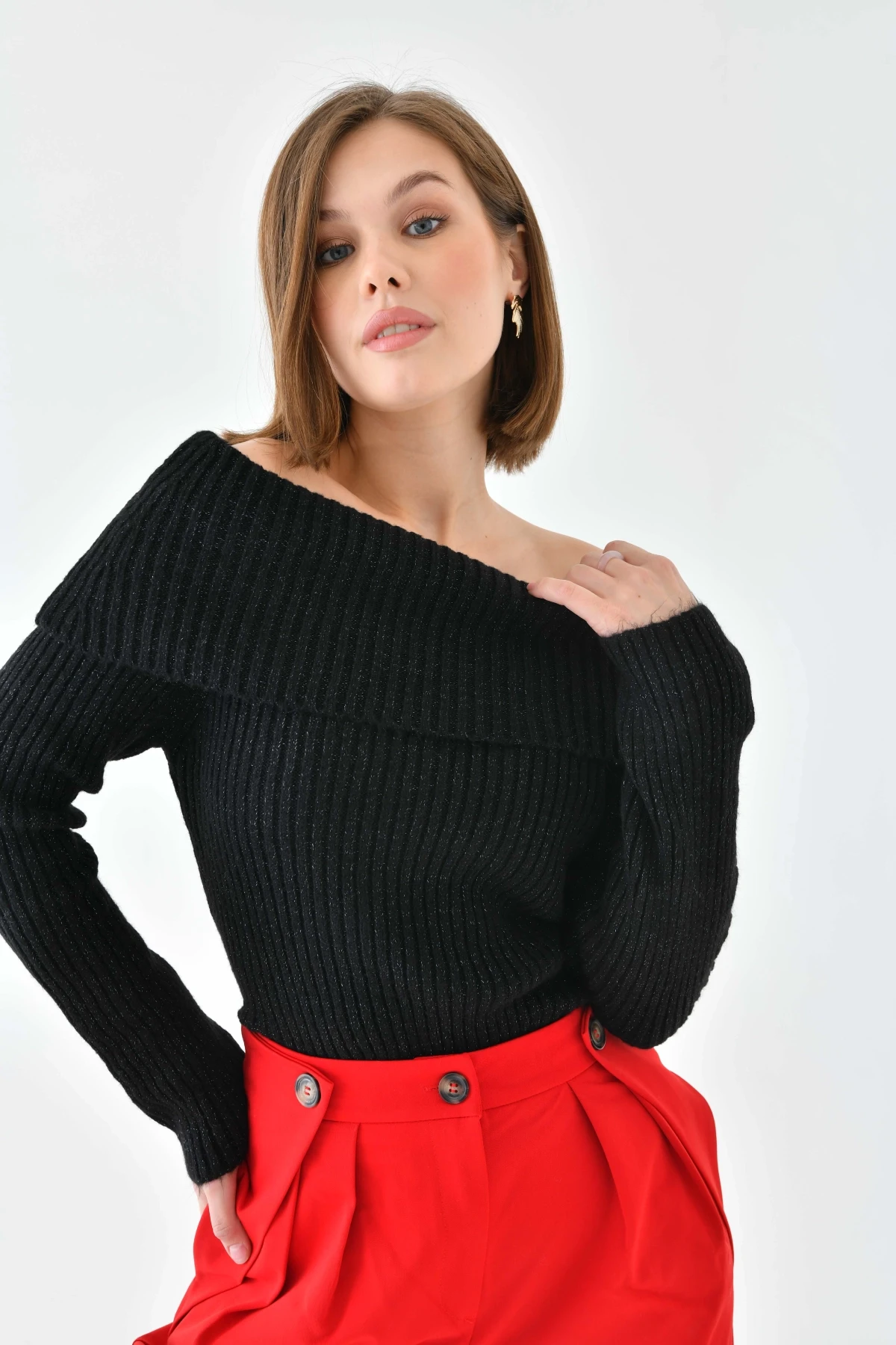 Kadın Madonna Yaka Slim Triko Kazak