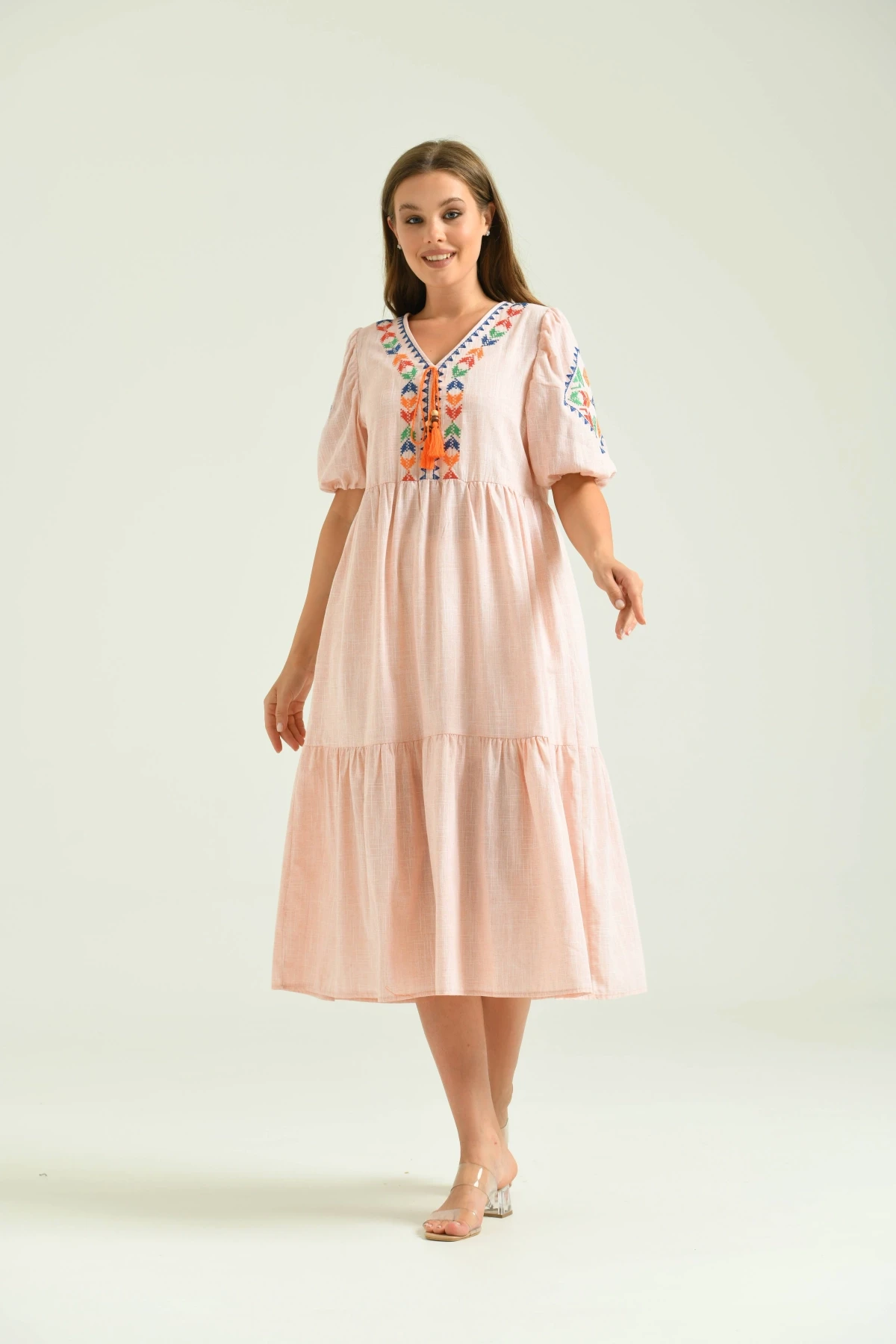 Kadın Oranj V Yaka Etnik Nakışlı Otantik Desen Keten Elbise