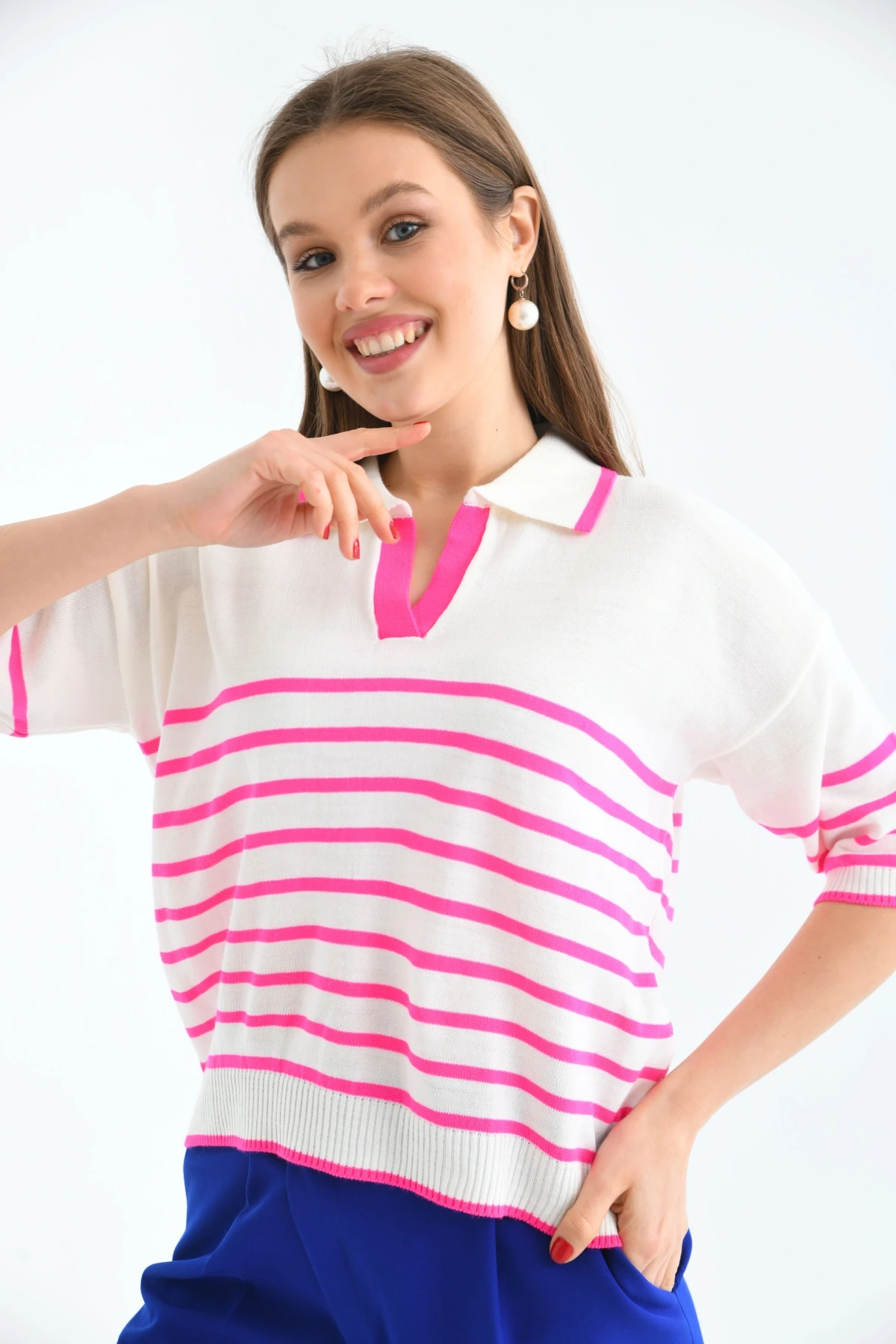 Kadın Polo Yaka Çizgili Triko Kazak Top-Ekru-Fuşya