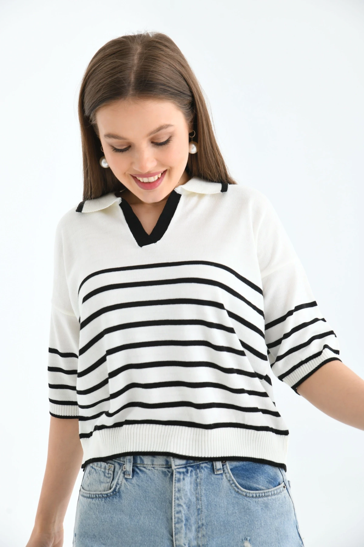 Kadın Polo Yaka Çizgili Triko Kazak Top-Ekru-Siyah