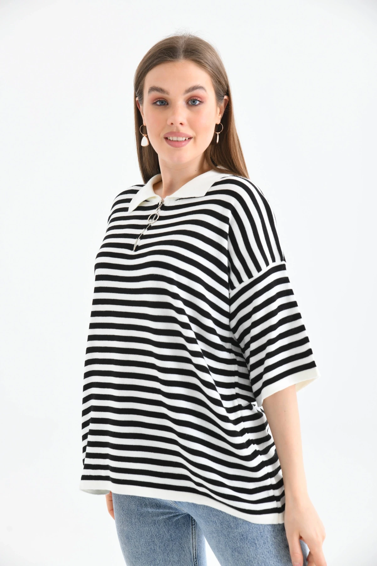 Polo Yaka Fermuarlı Çizgili Mevsimlik Salaş Triko Kazak