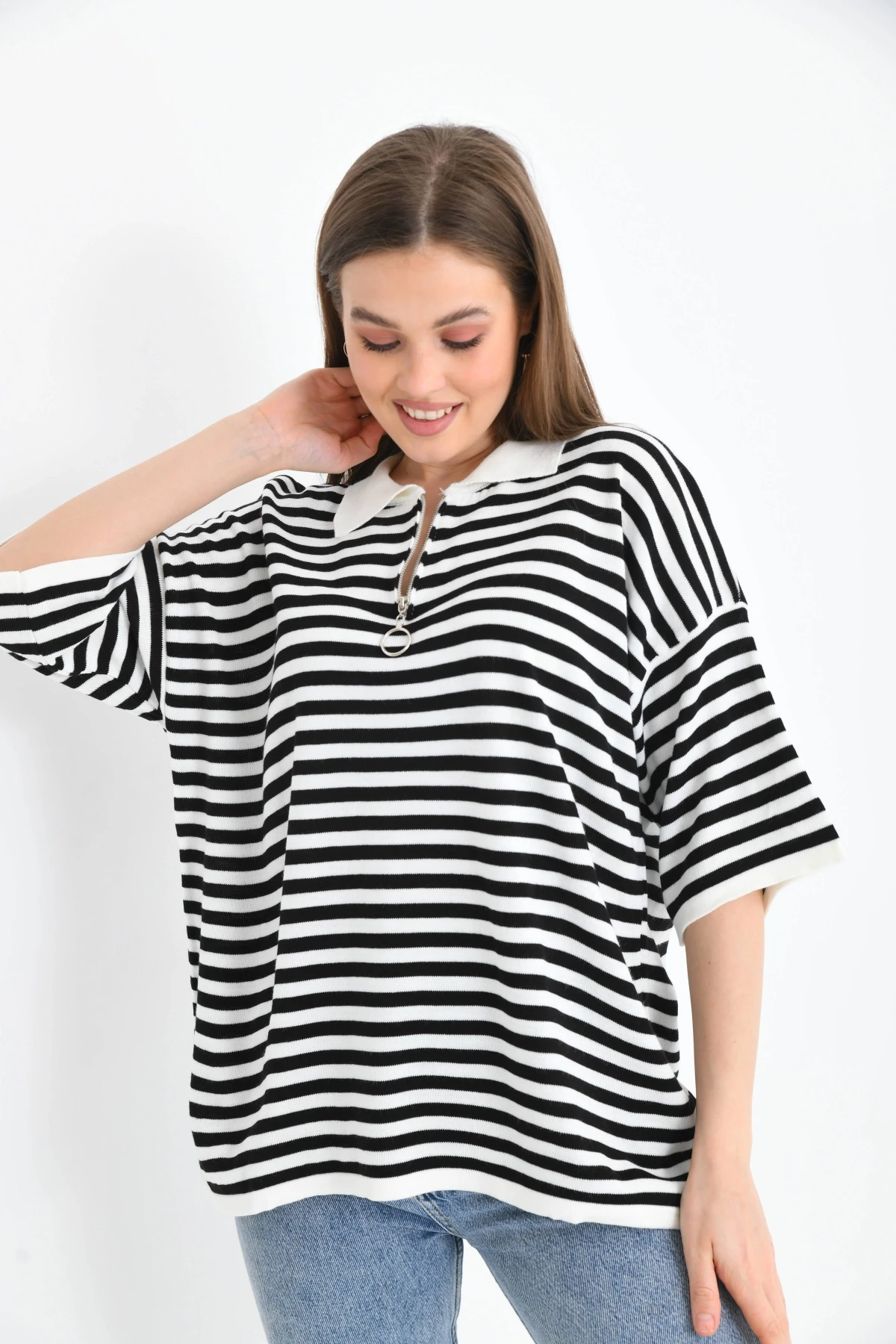 Polo Yaka Fermuarlı Çizgili Mevsimlik Salaş Triko Kazak