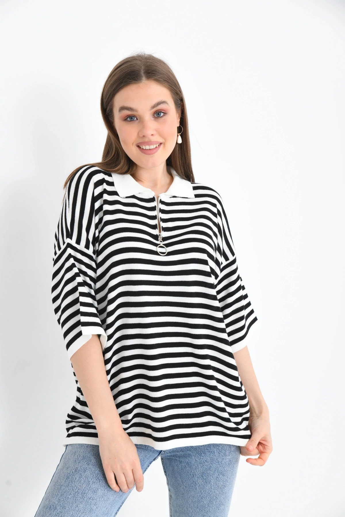 Polo Yaka Fermuarlı Çizgili Mevsimlik Salaş Triko Kazak