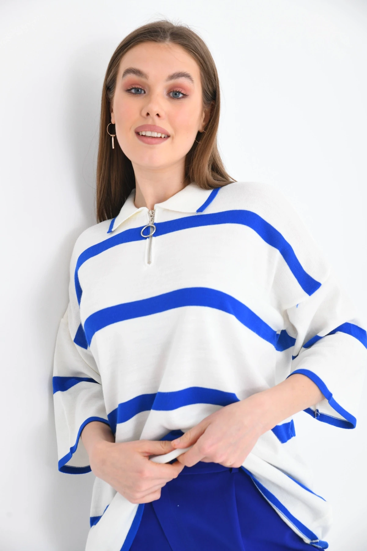 Polo Yaka Fermuarlı Çizgili Salaş Mevsimlik Trko Kazak