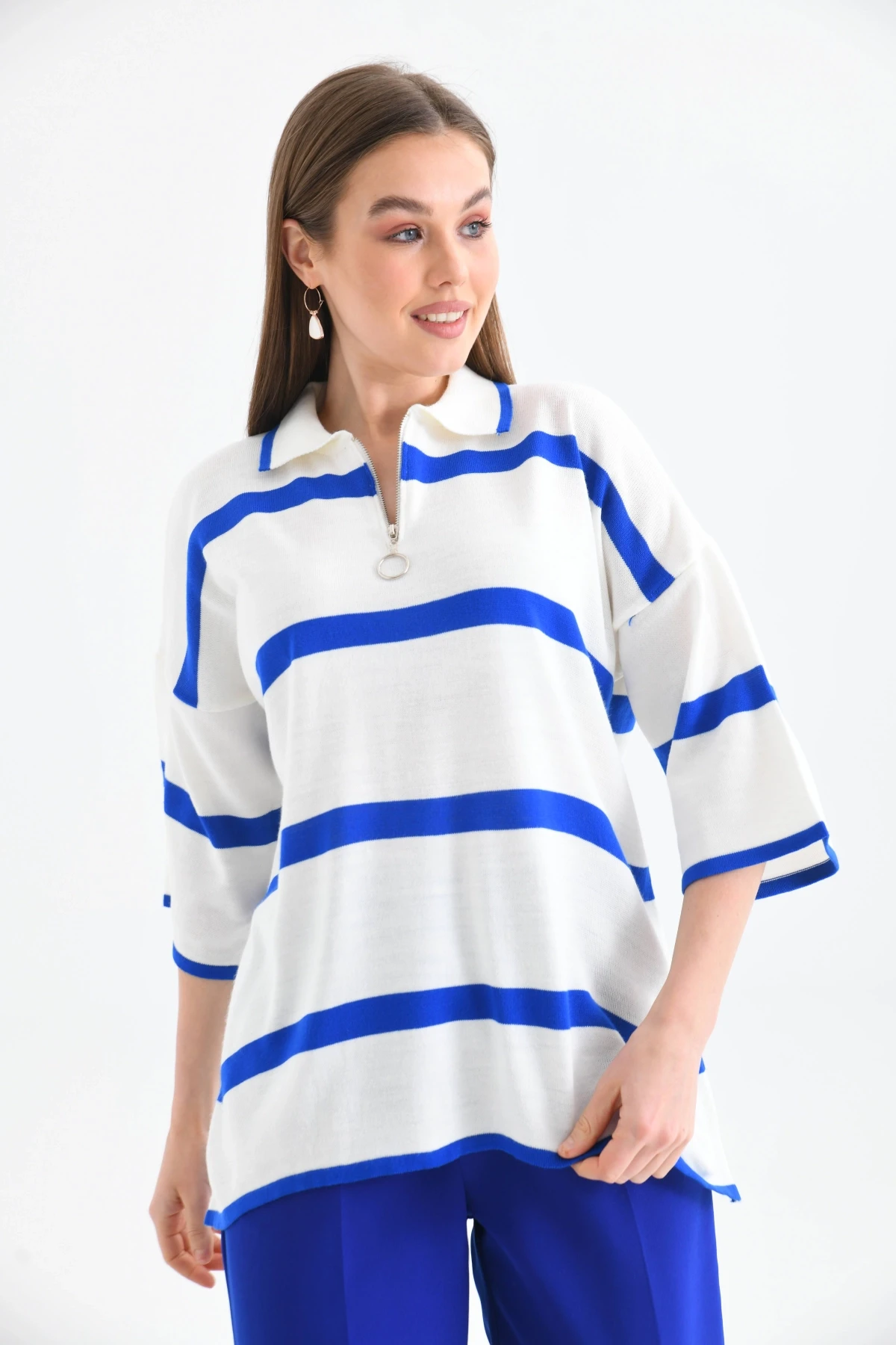 Polo Yaka Fermuarlı Çizgili Salaş Mevsimlik Trko Kazak