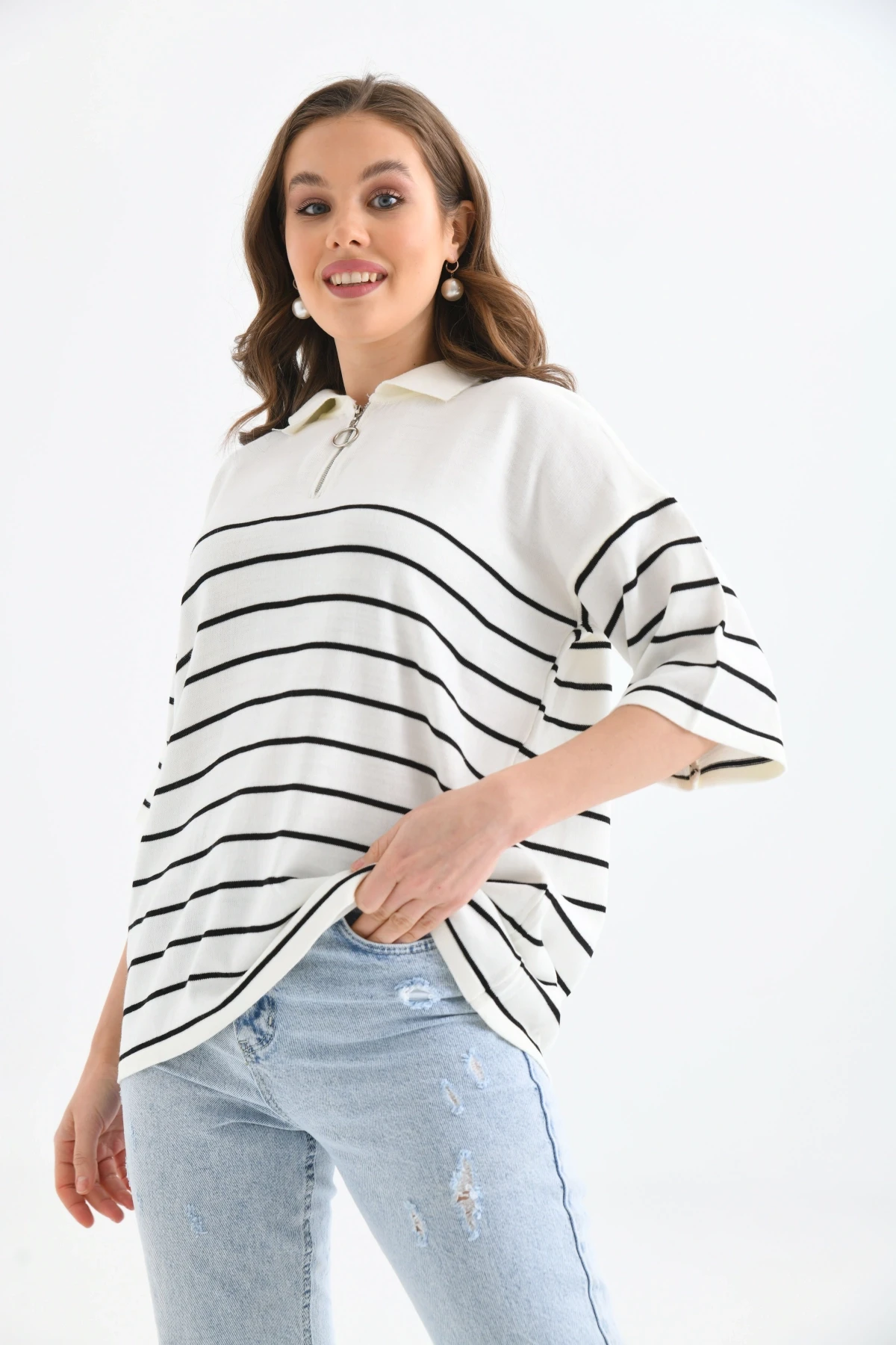 Polo Yaka Fermuarlı Çizgili Uzun Triko Kazak