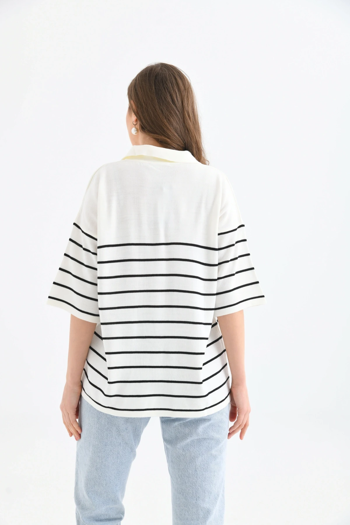 Polo Yaka Fermuarlı Çizgili Uzun Triko Kazak