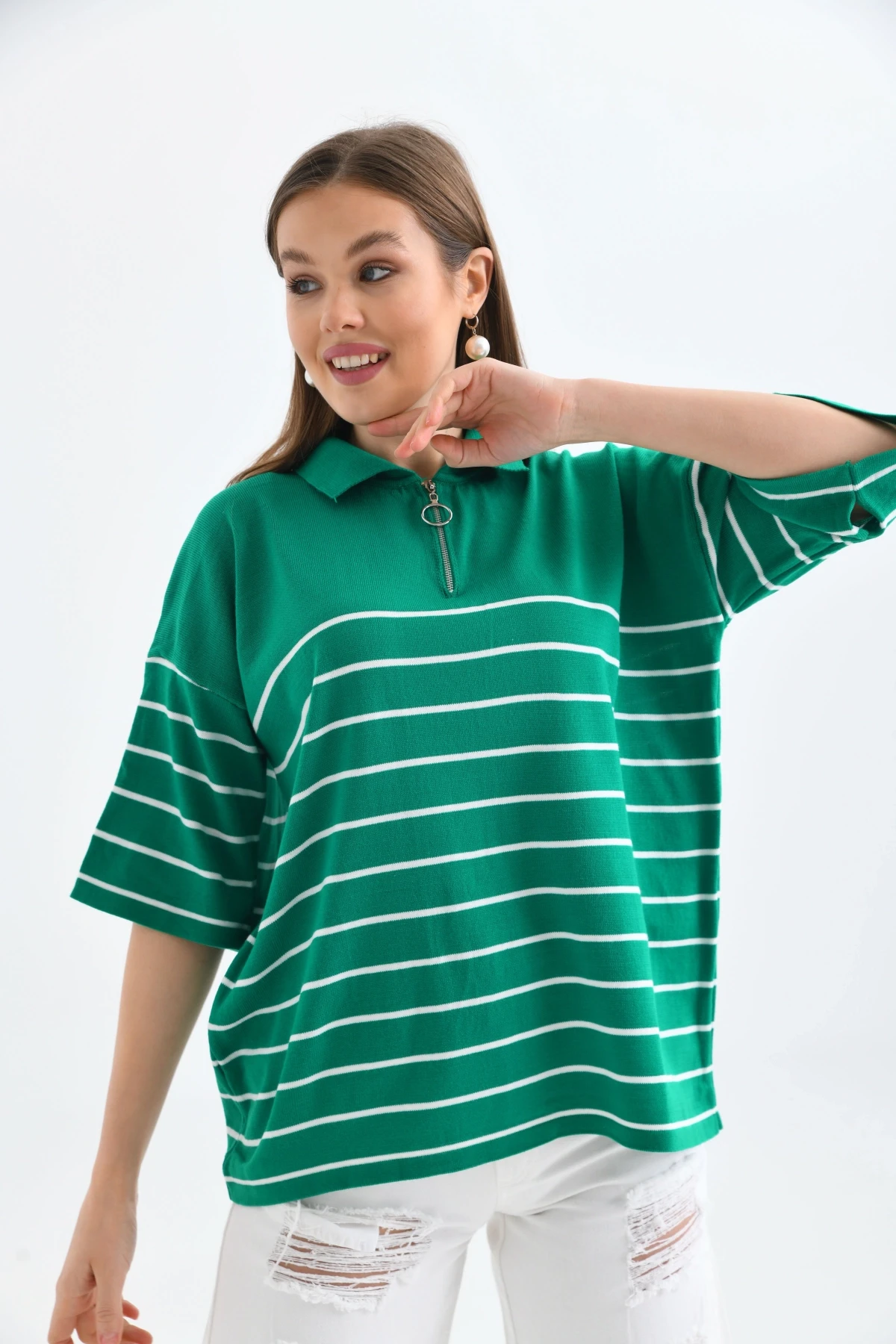 Polo Yaka Fermuarlı Çizgili Uzun Triko Kazak