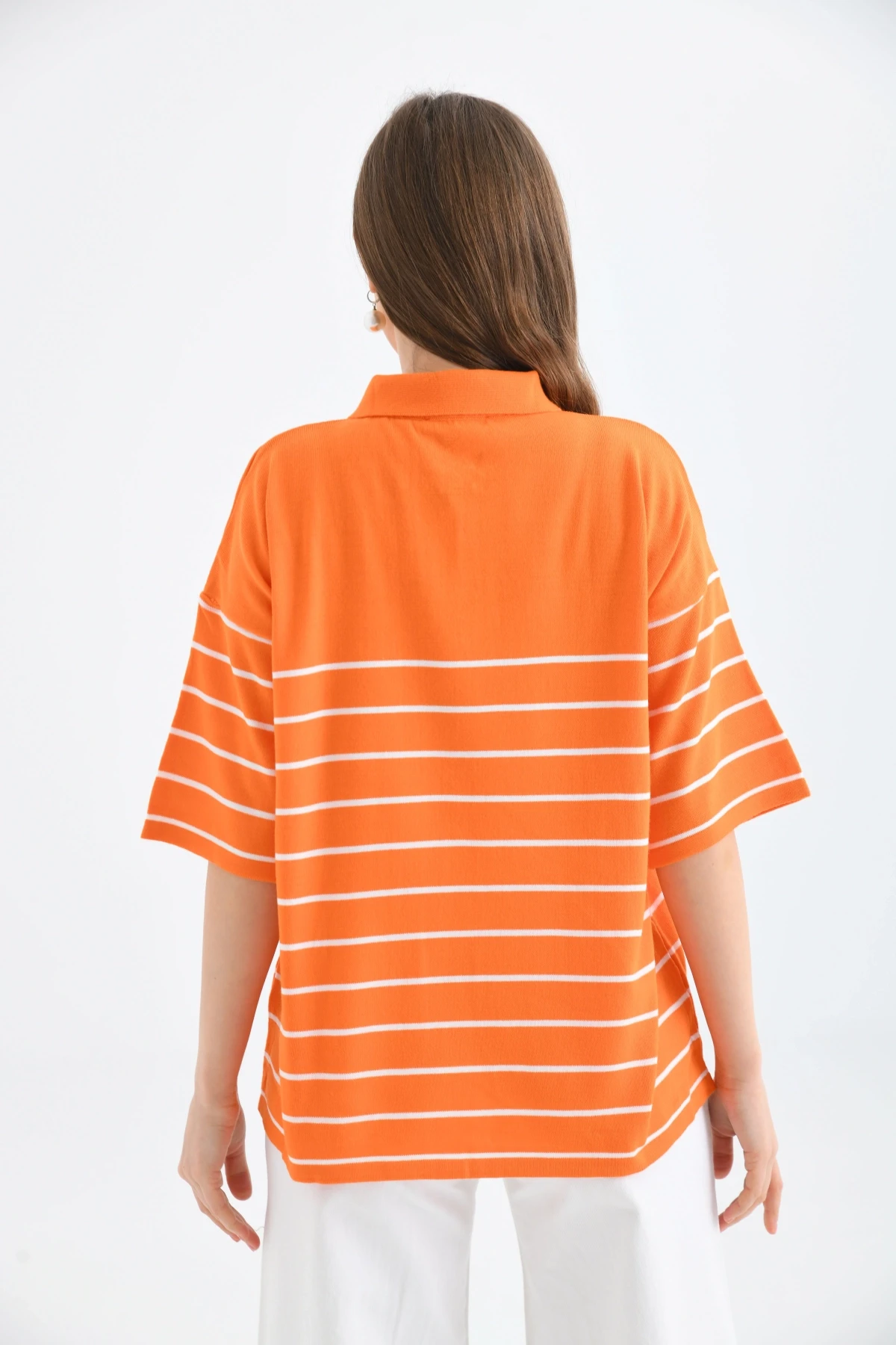 Polo Yaka Fermuarlı Çizgili Uzun Triko Kazak