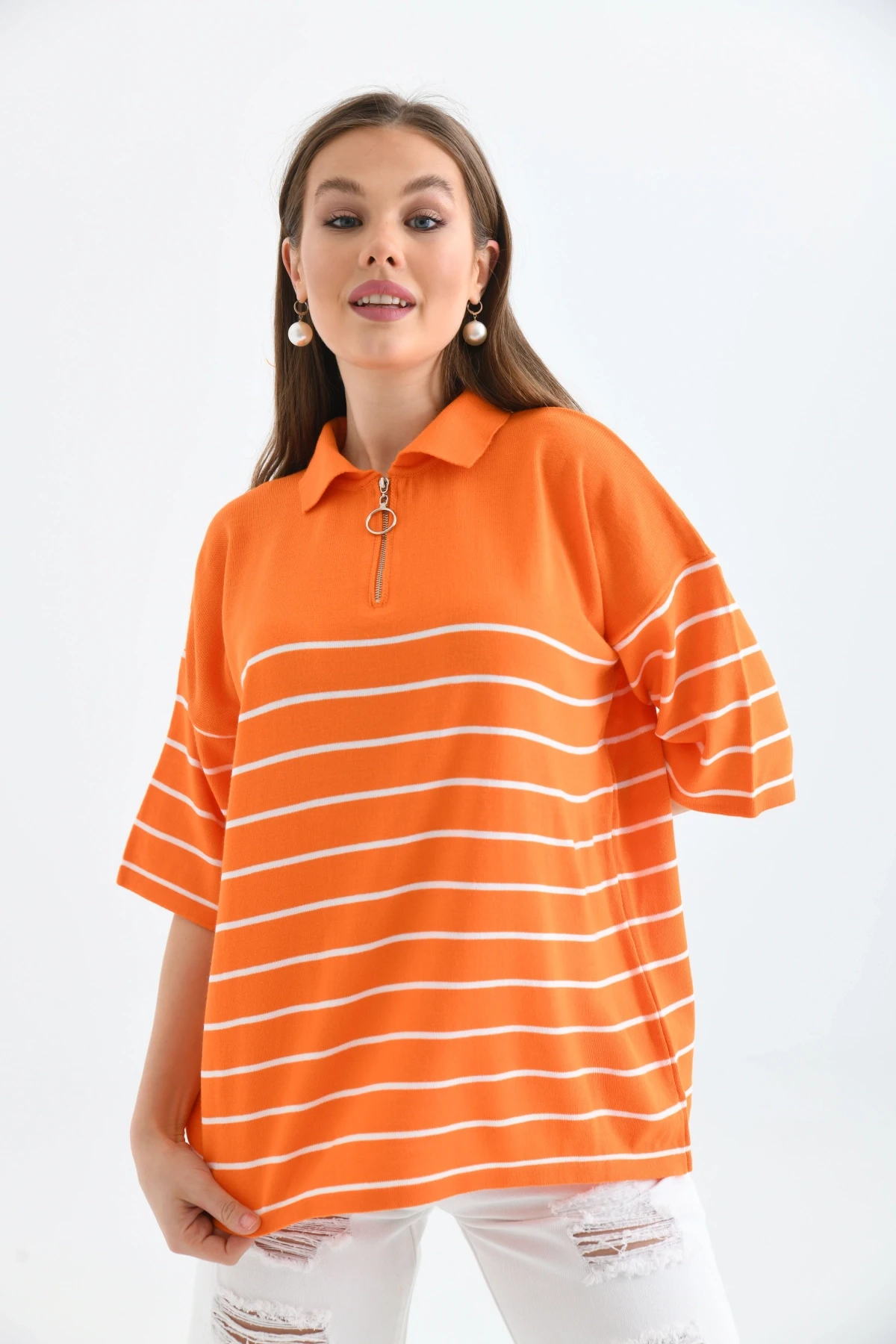 Polo Yaka Fermuarlı Çizgili Uzun Triko Kazak