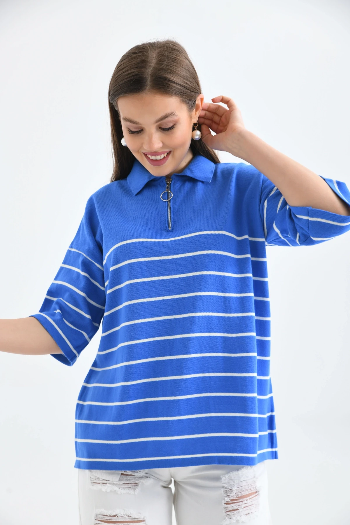 Polo Yaka Fermuarlı Çizgili Uzun Triko Kazak